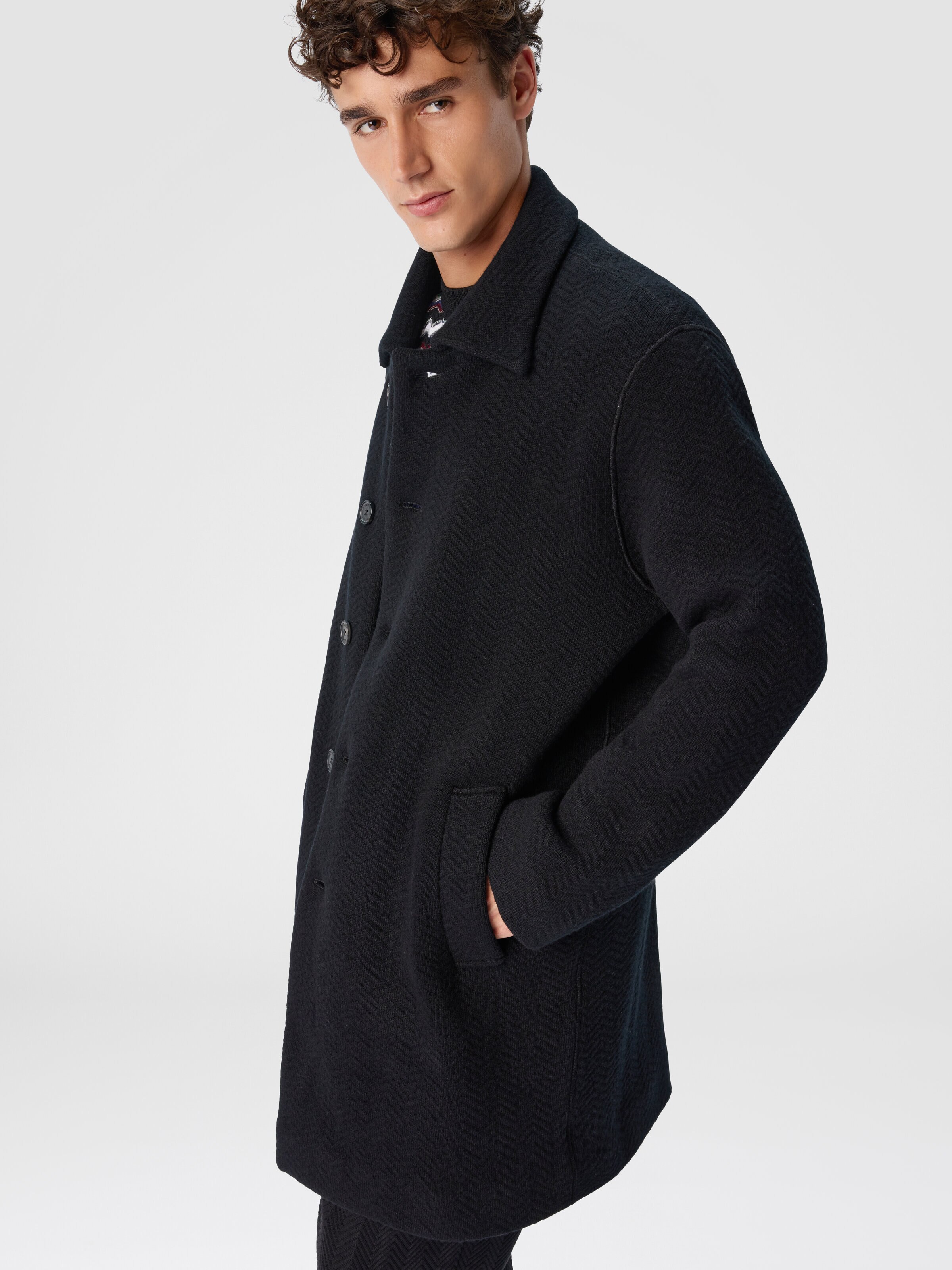 Double Knit Coat with Zigzag Pattern, Black - 3