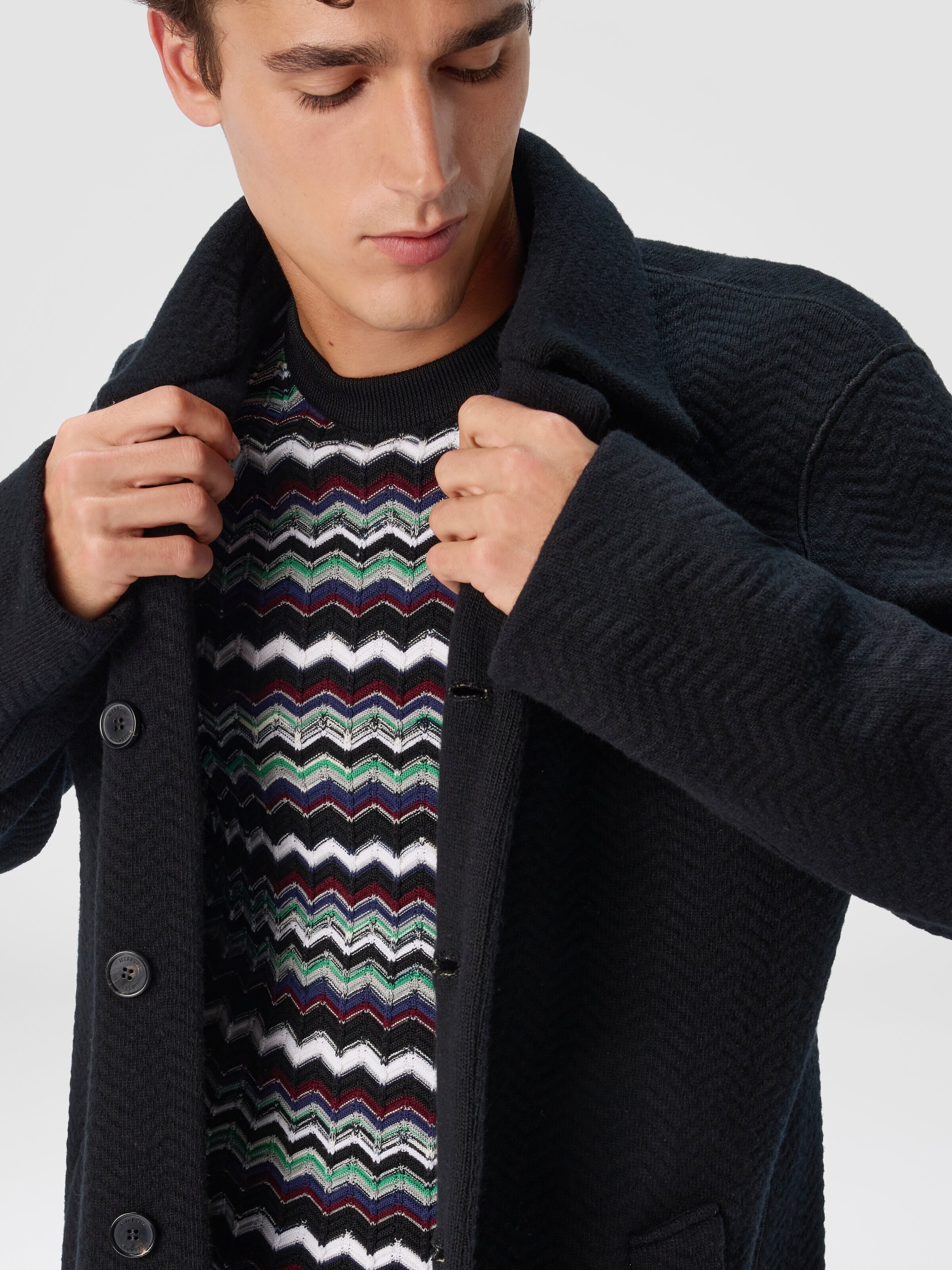 Double Knit Coat with Zigzag Pattern, Black - 4