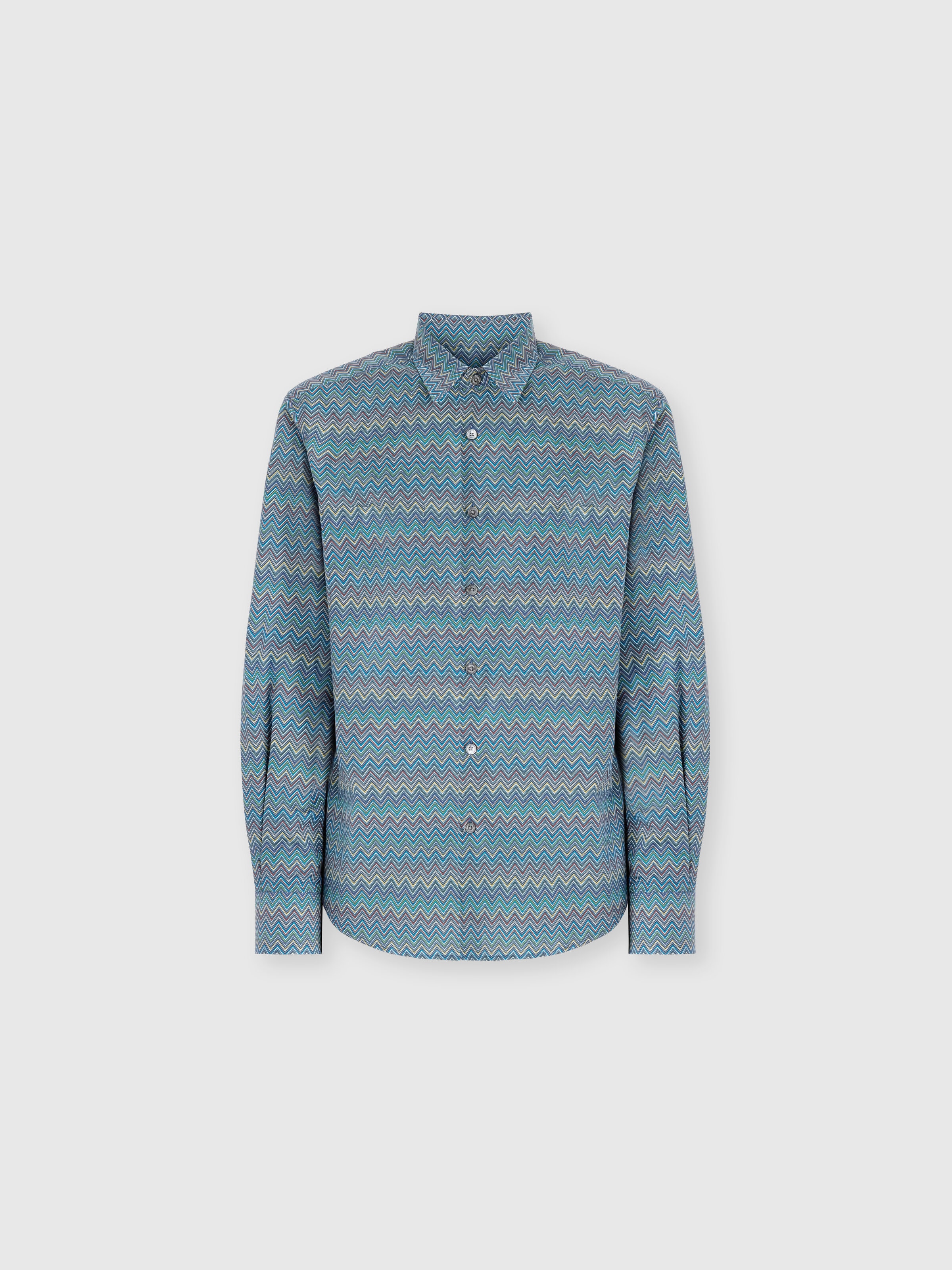 Poplin Cotton Shirt with Zigzag Pattern, Multicoloured  - 0