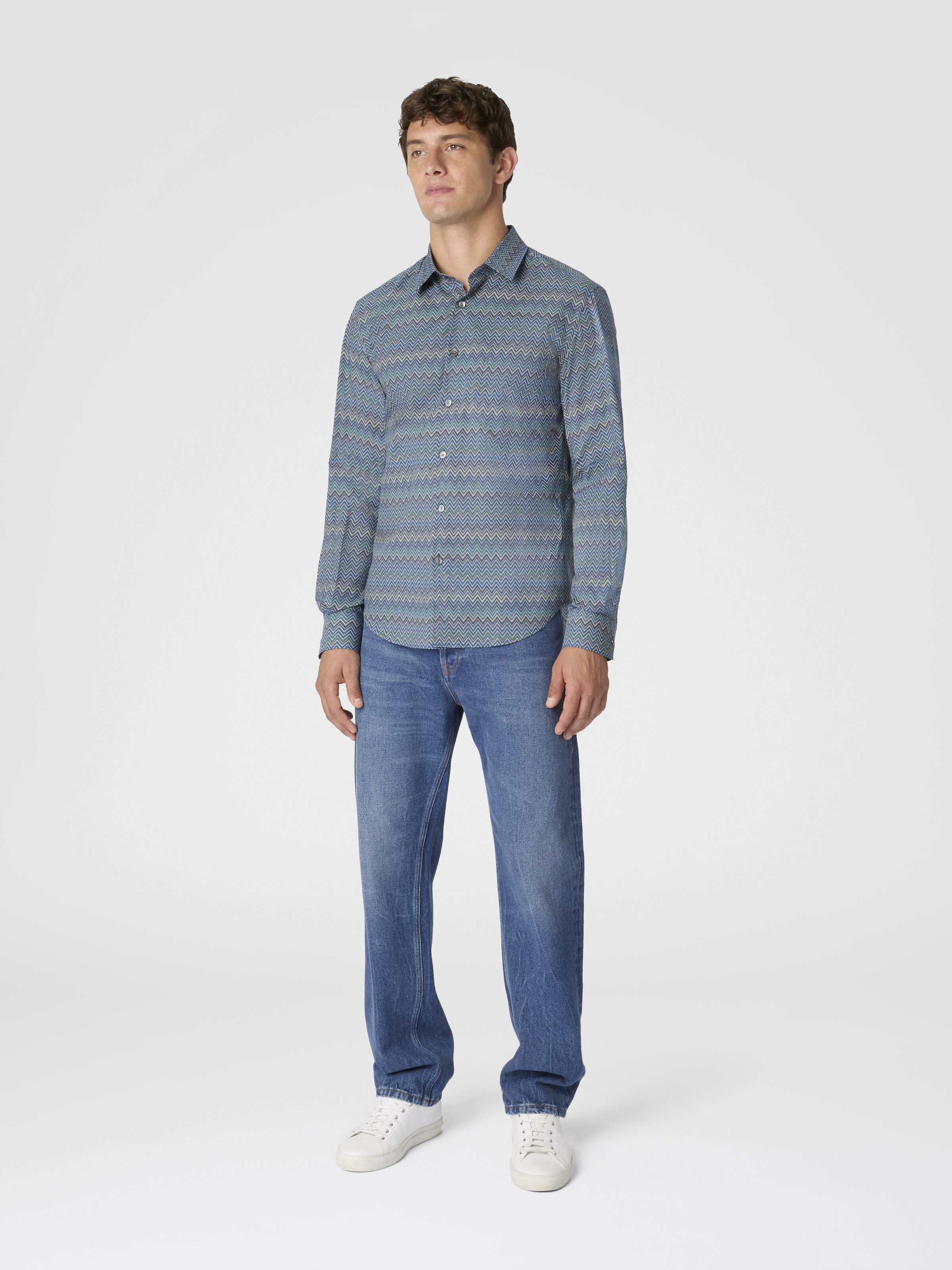 Poplin Cotton Shirt with Zigzag Pattern, Multicoloured  - 1