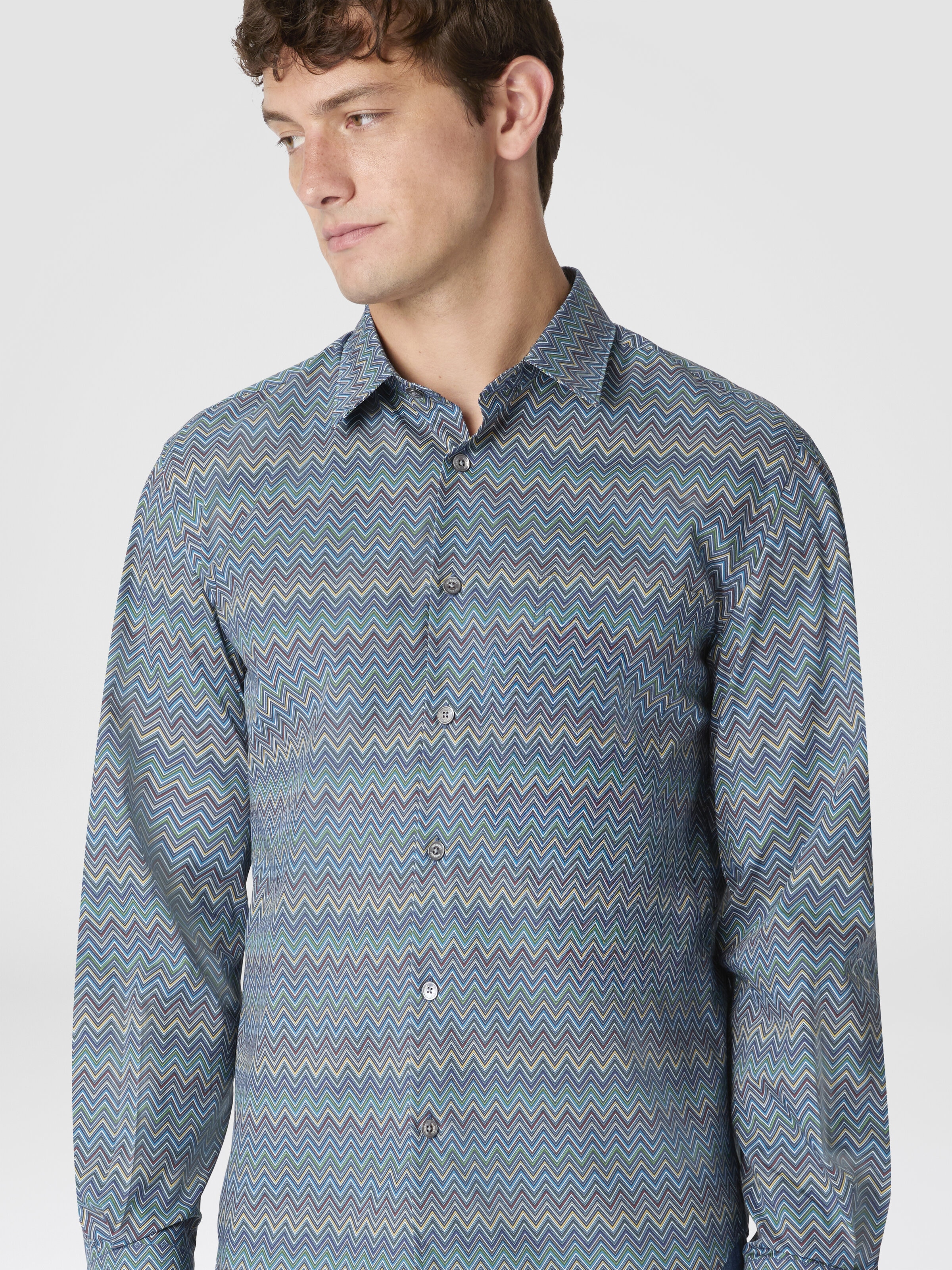 Poplin Cotton Shirt with Zigzag Pattern, Multicoloured  - 3