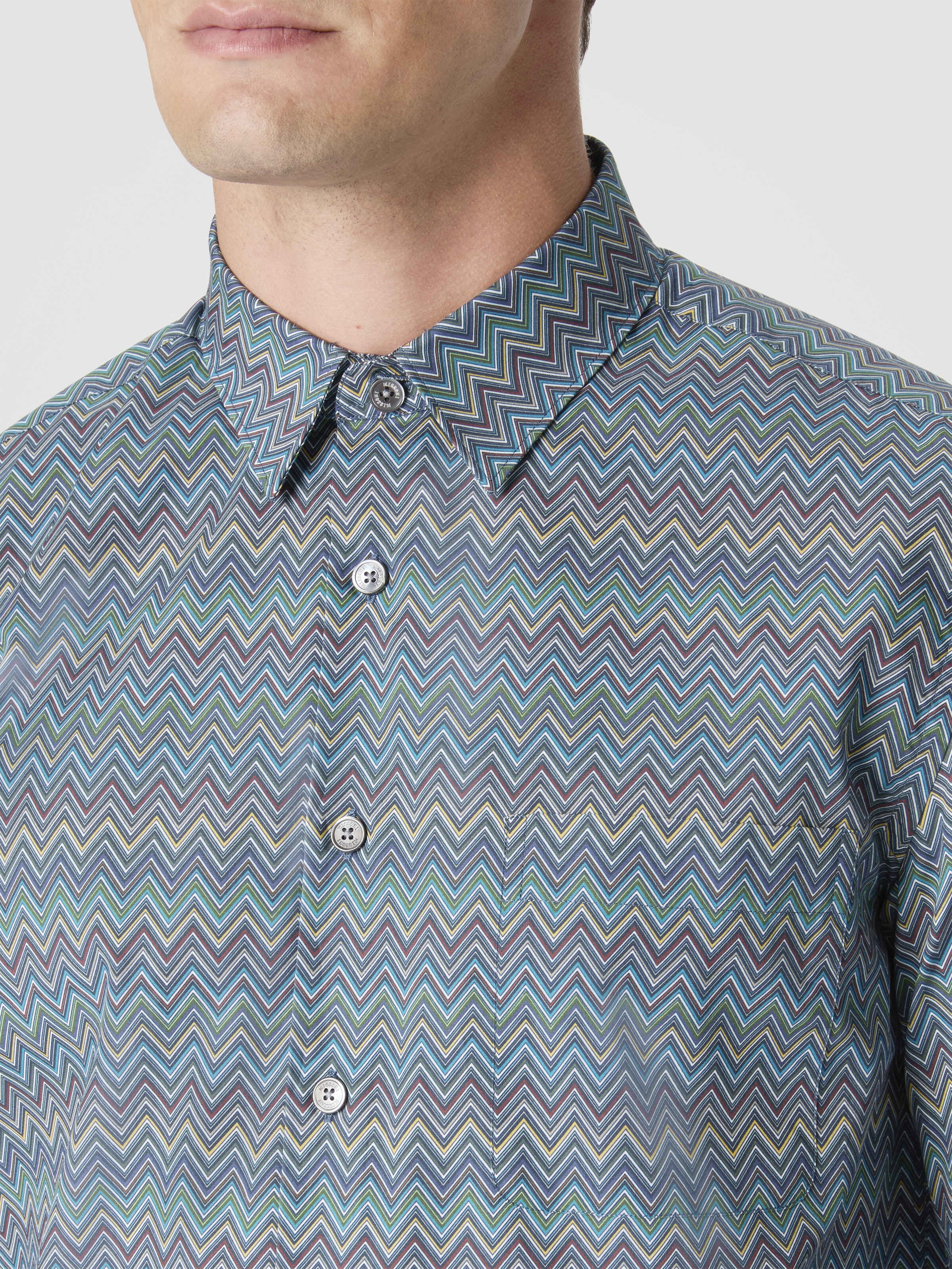 Poplin Cotton Shirt with Zigzag Pattern, Multicoloured  - 4