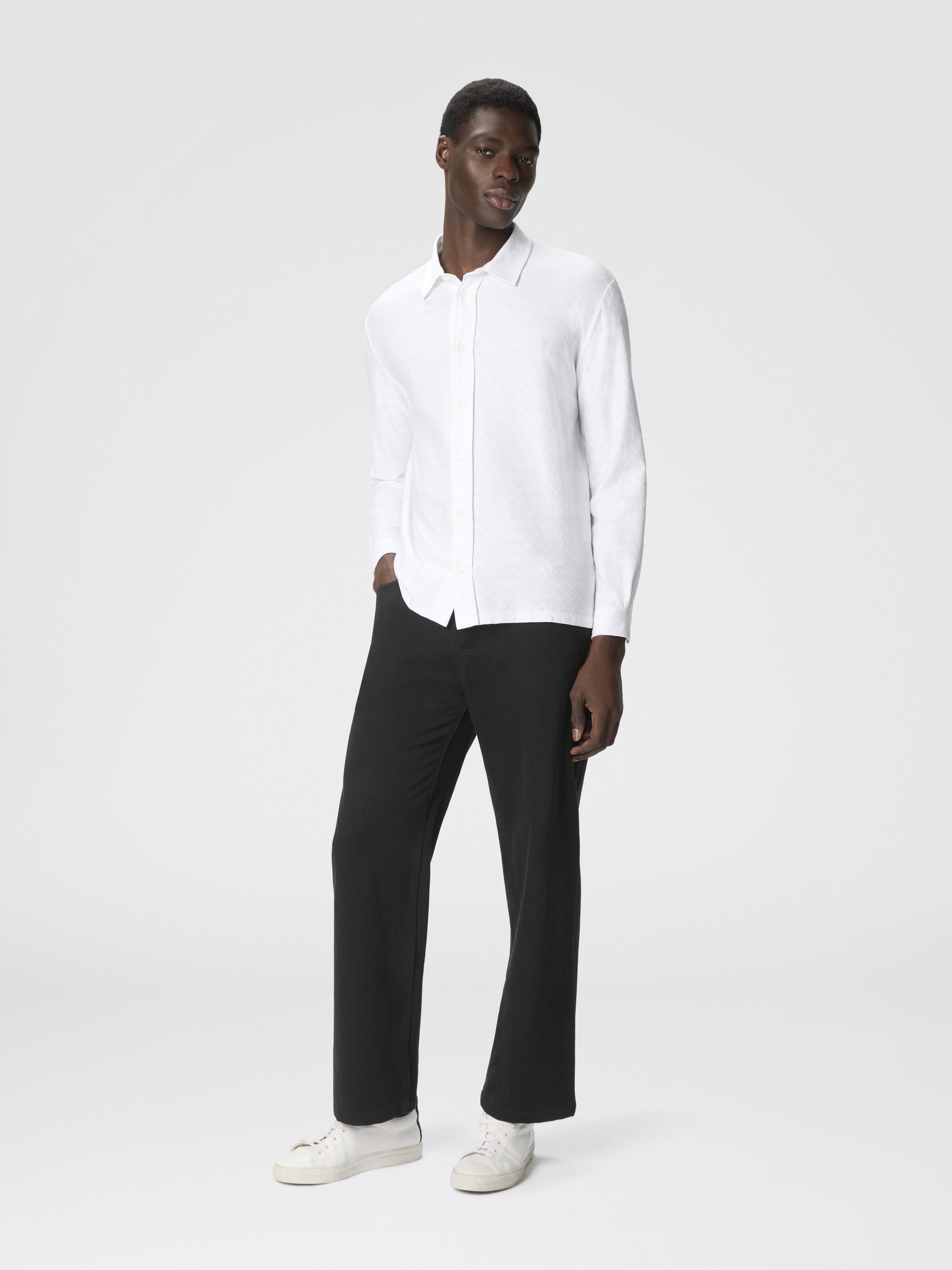 Camisa de jersey de algodón zigzag tono sobre tono, Blanco  - 1