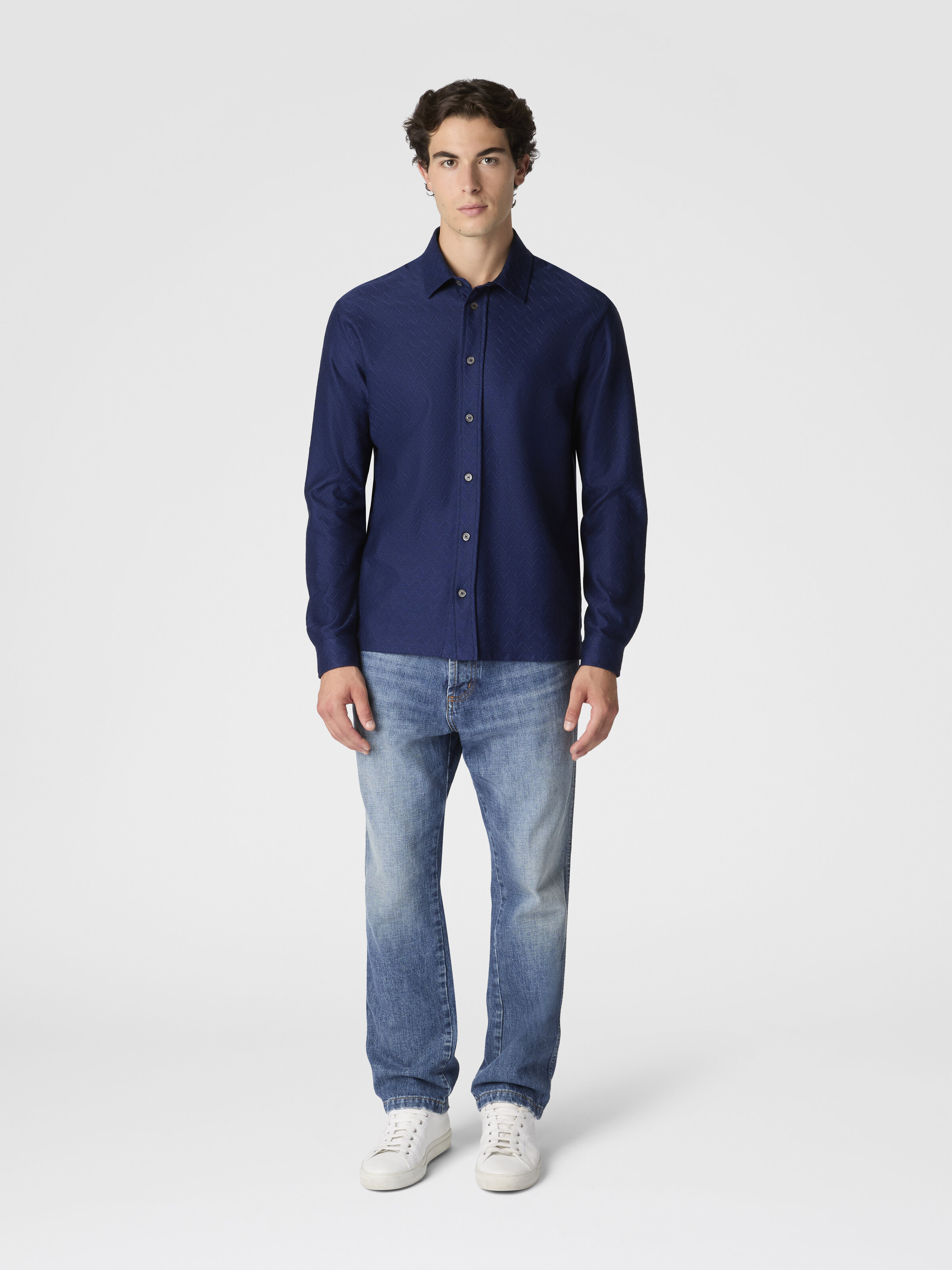 Zigzag Jersey Cotton Shirt Tone on Tone, Blue - 1