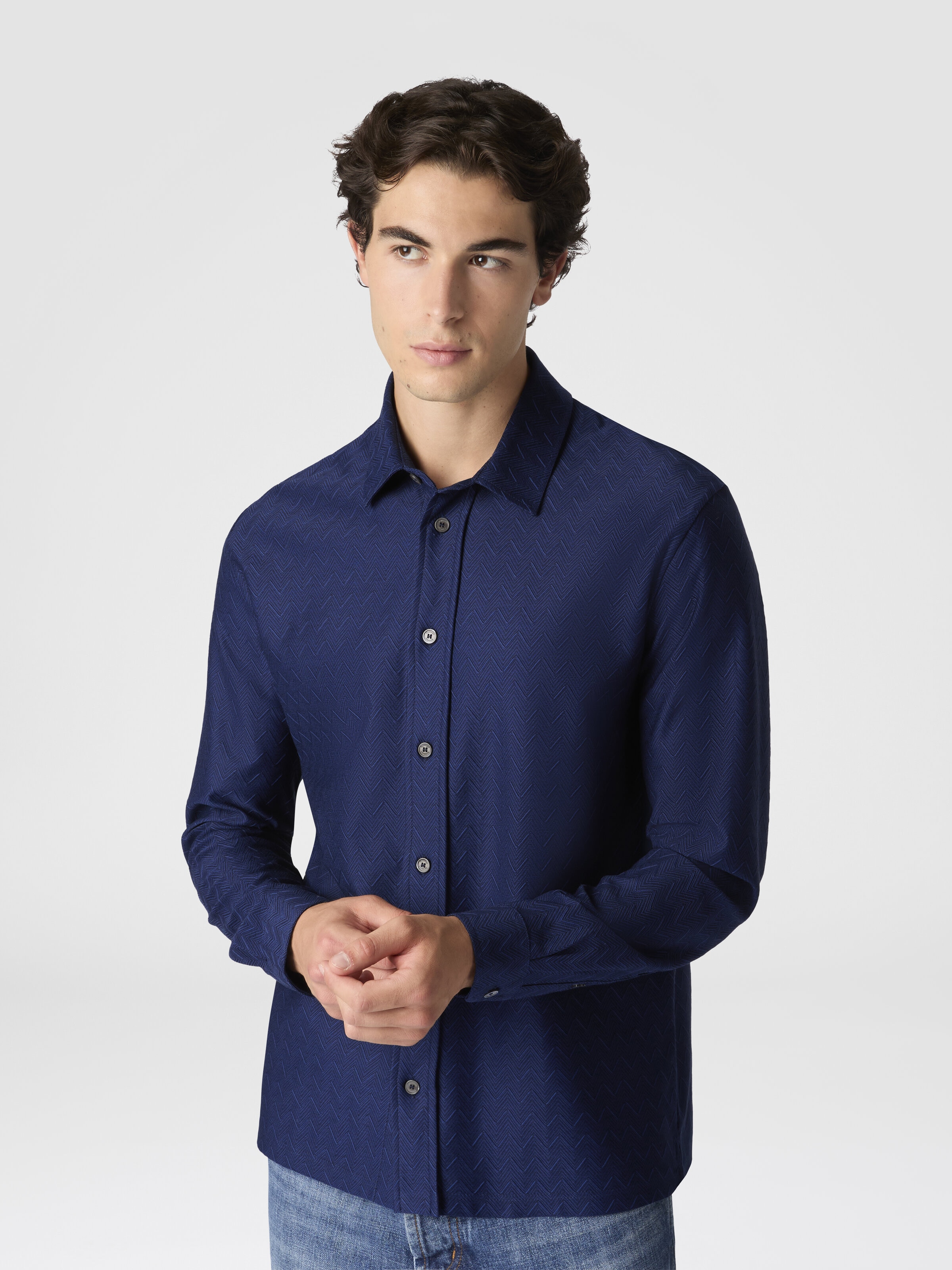 Zigzag Jersey Cotton Shirt Tone on Tone, Blue - 3