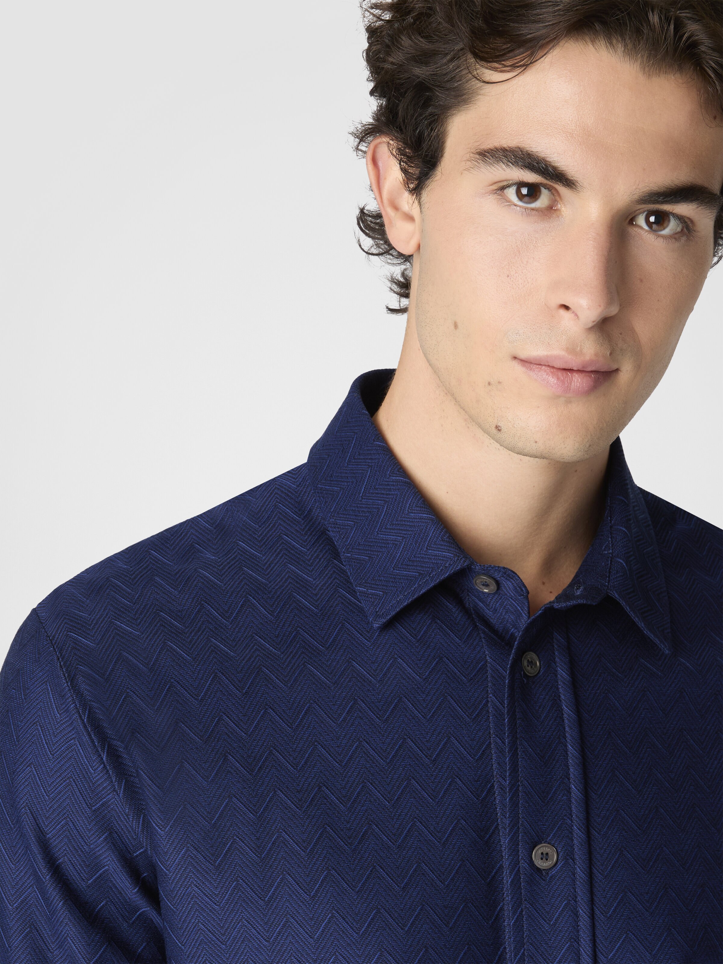 Zigzag Jersey Cotton Shirt Tone on Tone, Blue - 4