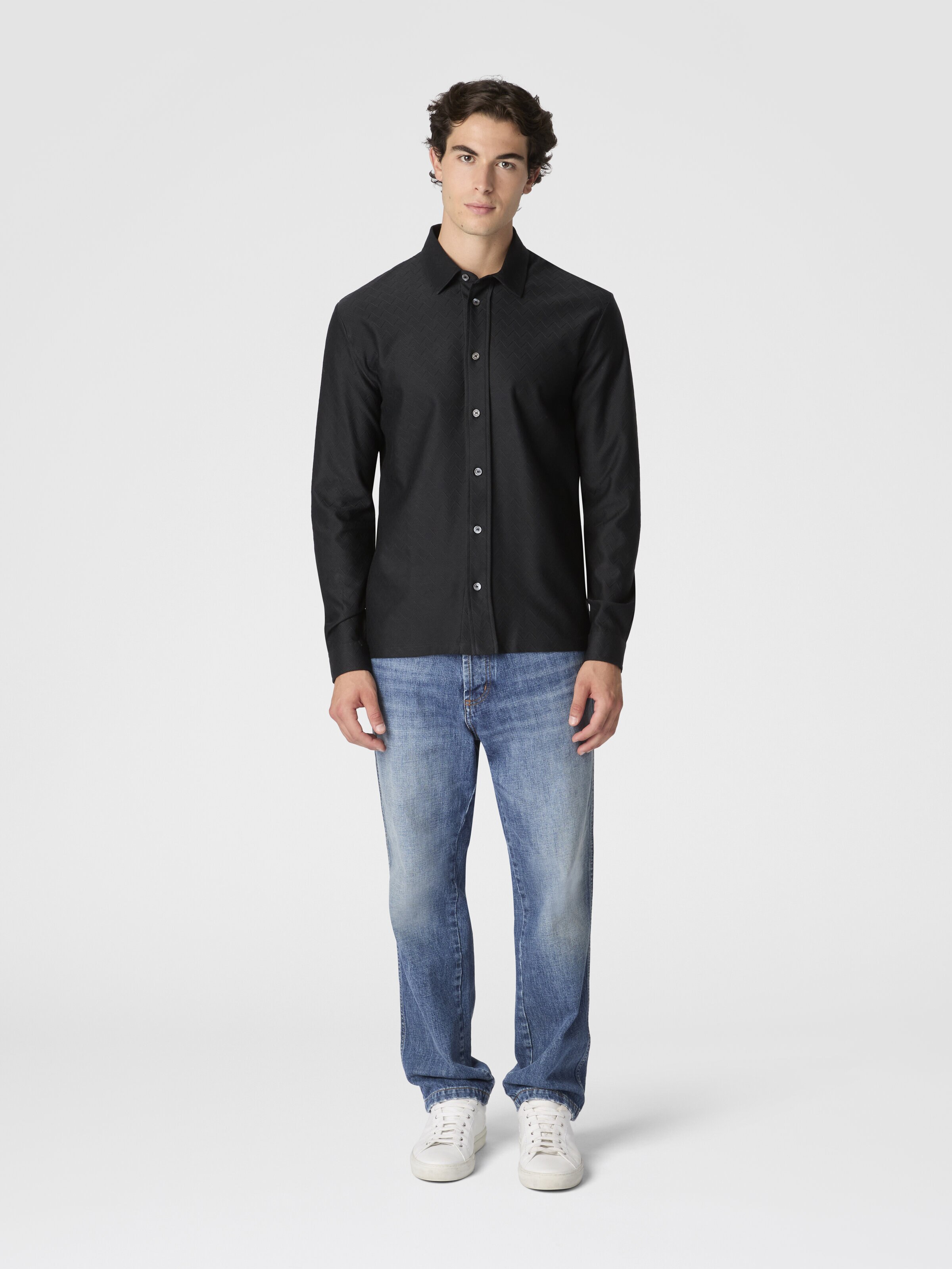 Zigzag Jersey Cotton Shirt Tone on Tone, Grey - 1