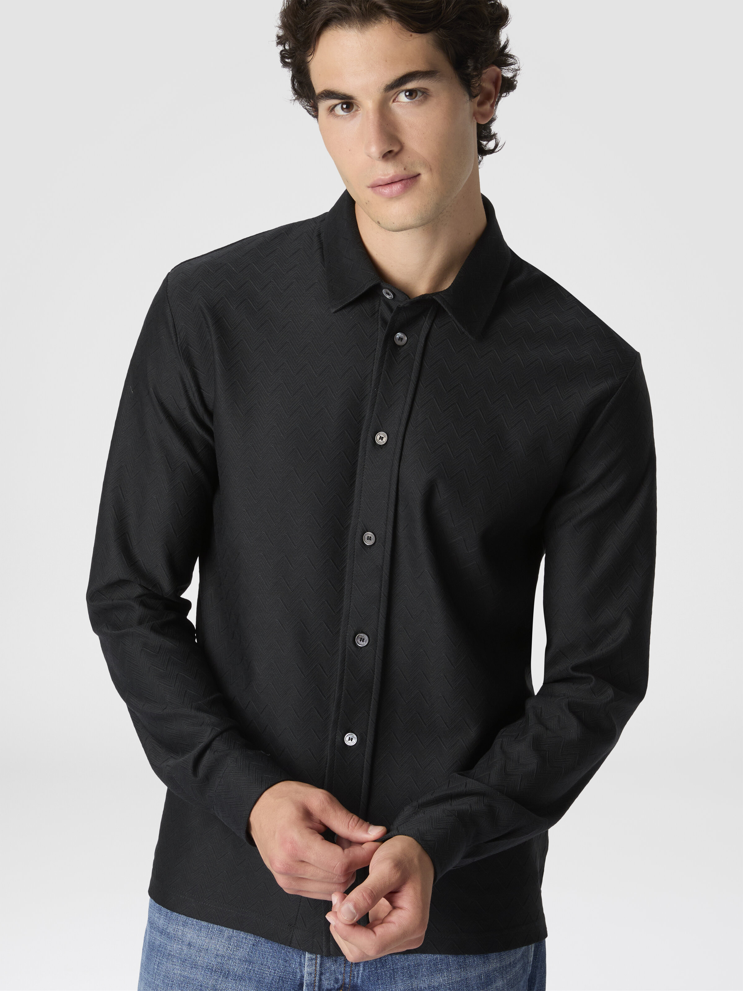 Zigzag Jersey Cotton Shirt Tone on Tone, Grey - 3