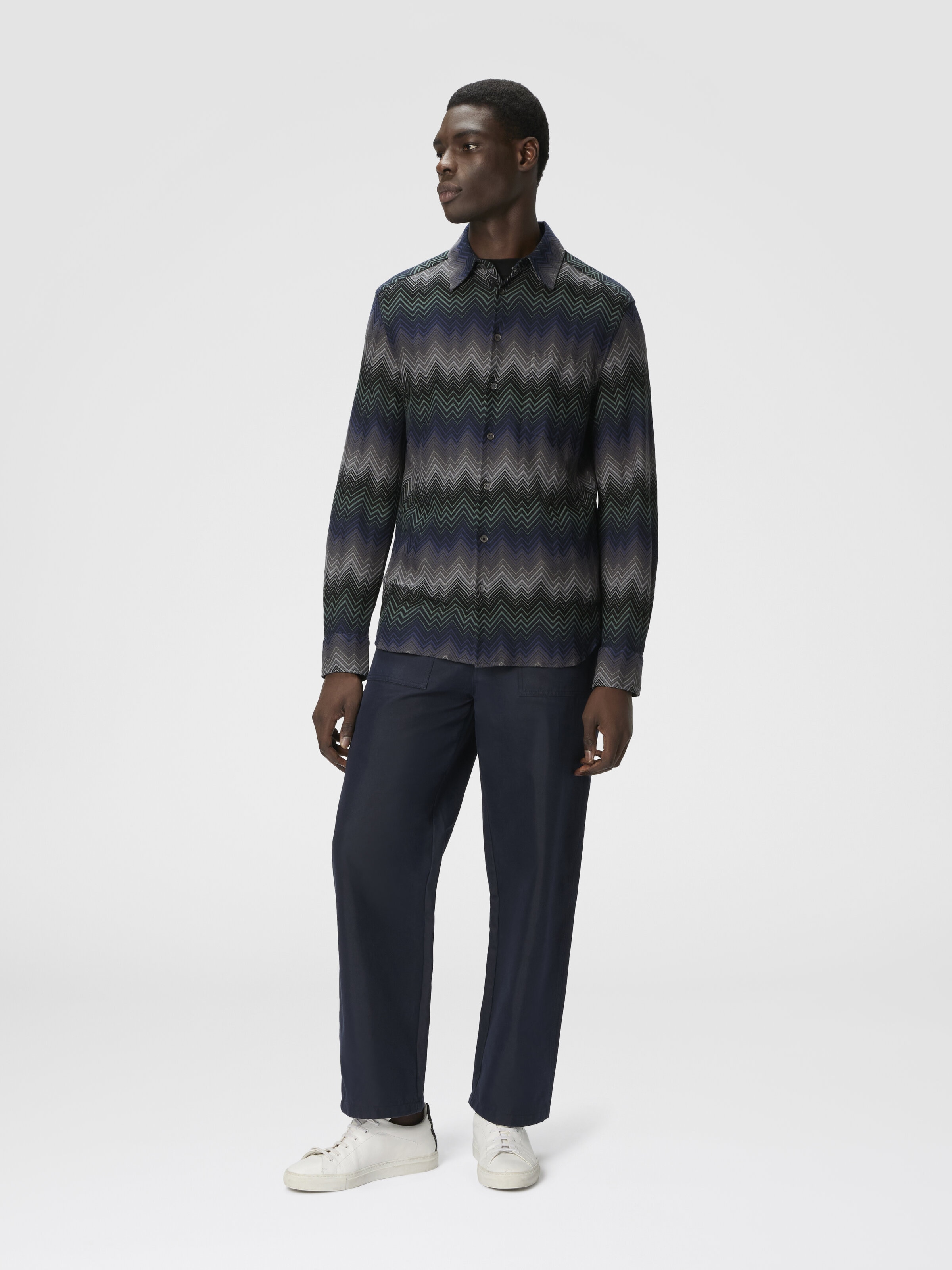 Long Sleeve Shirt with Irregular Zigzag, Blue & Green - 1