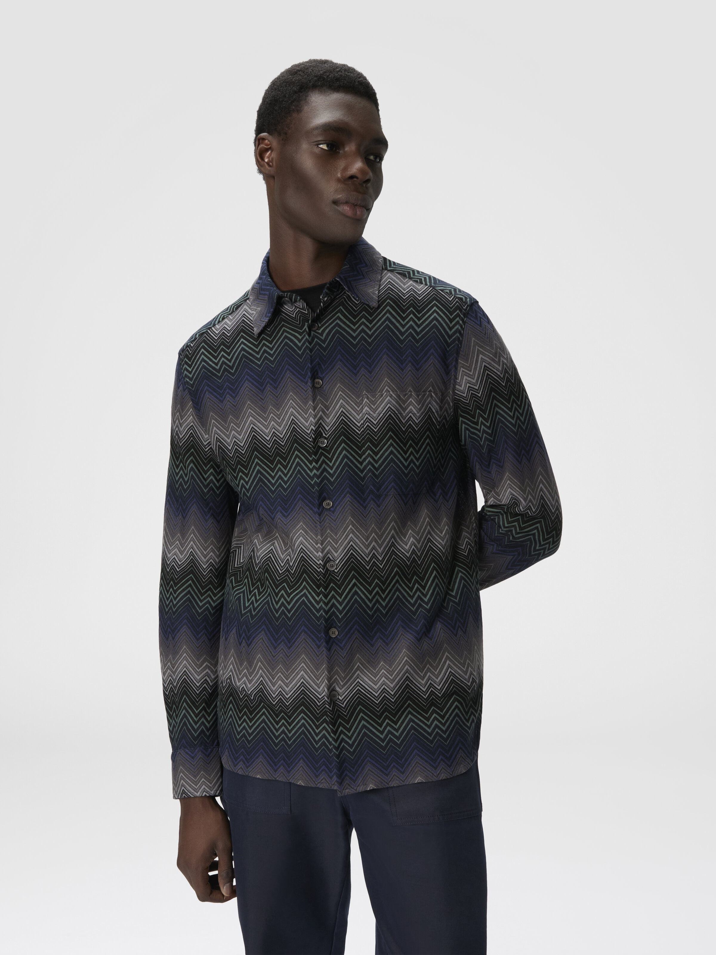 Long Sleeve Shirt with Irregular Zigzag, Blue & Green - 3