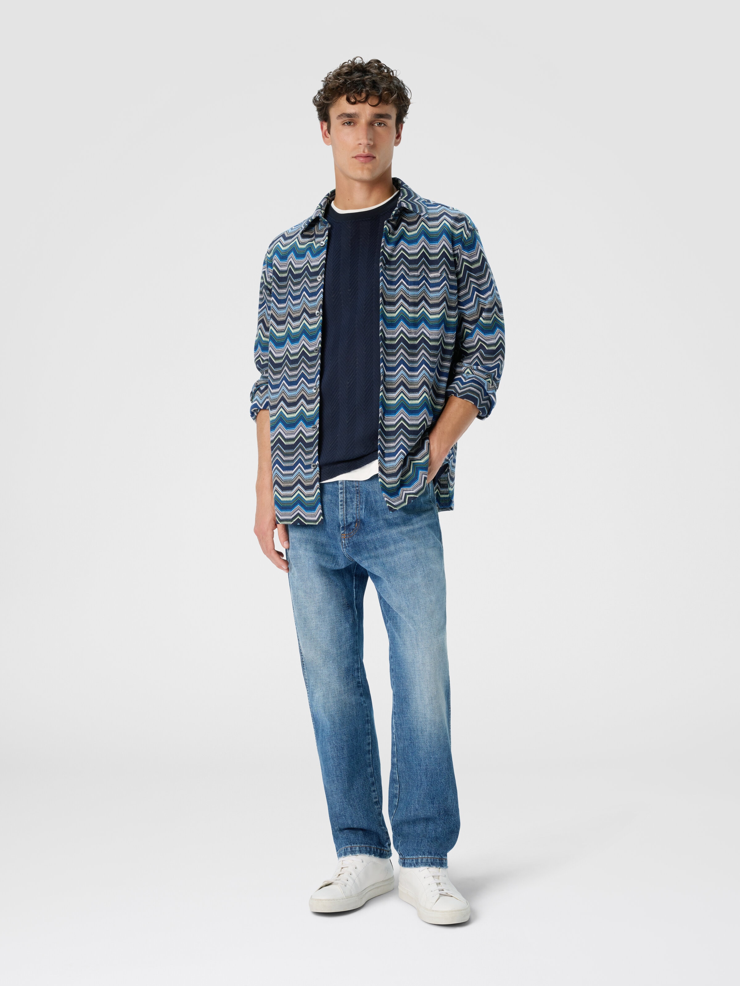 Camicia manica lunga  con zig zag geometrico, Blu & Verde - 1