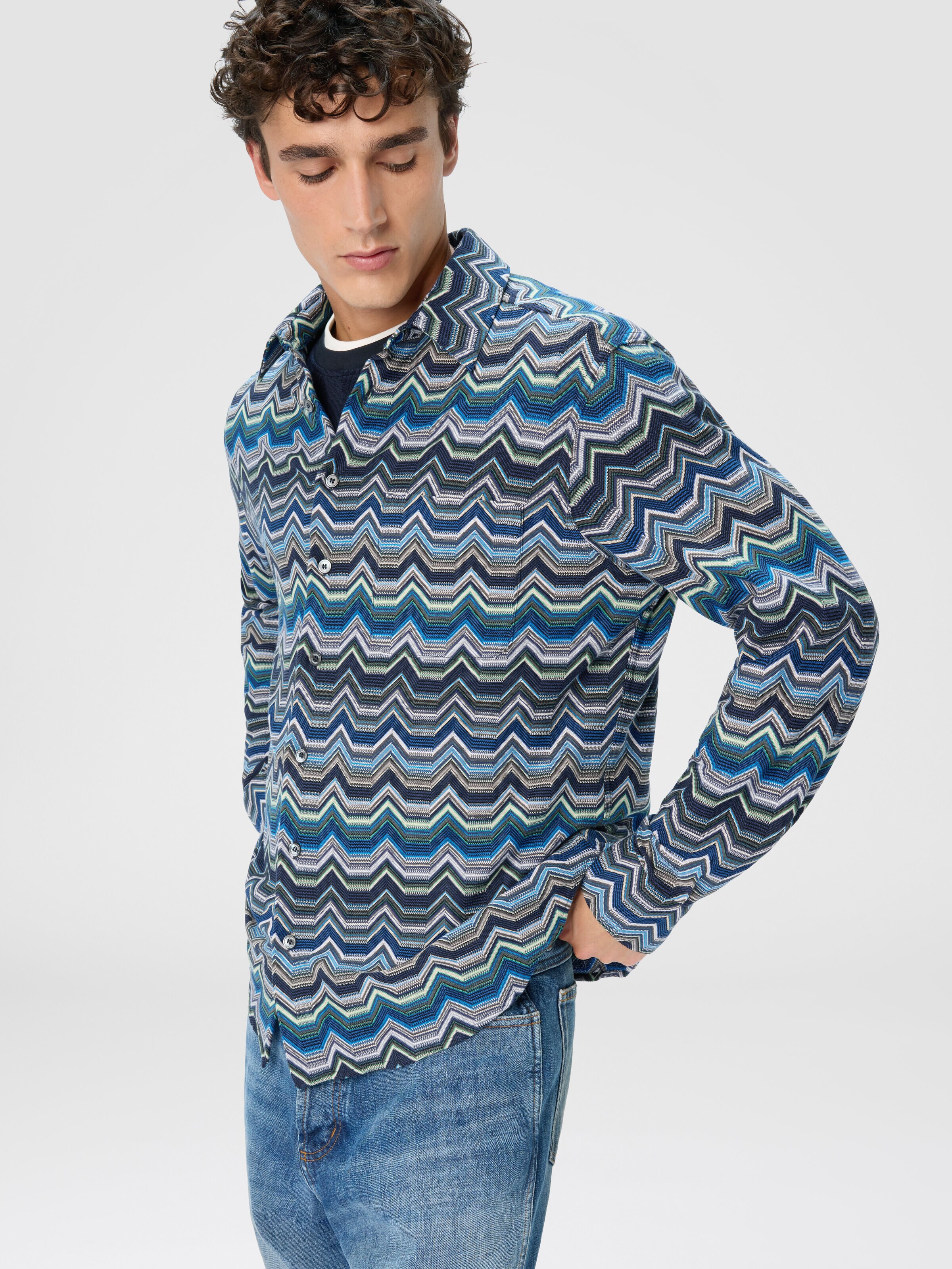 Camicia manica lunga  con zig zag geometrico, Blu & Verde - 3
