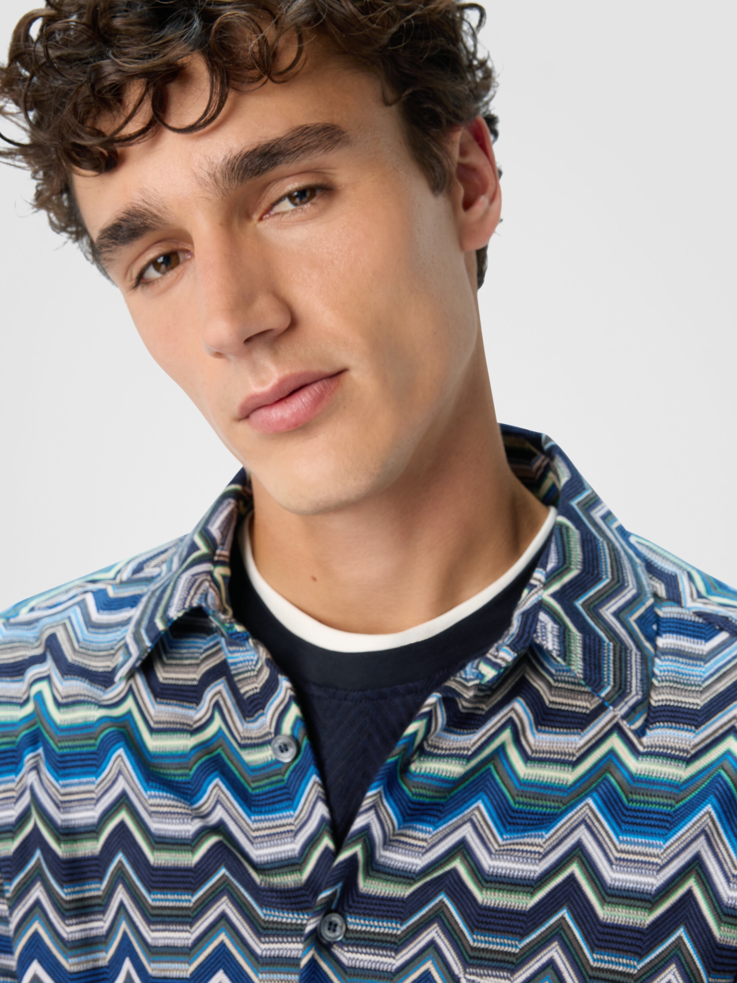 Camicia manica lunga  con zig zag geometrico, Blu & Verde - 4