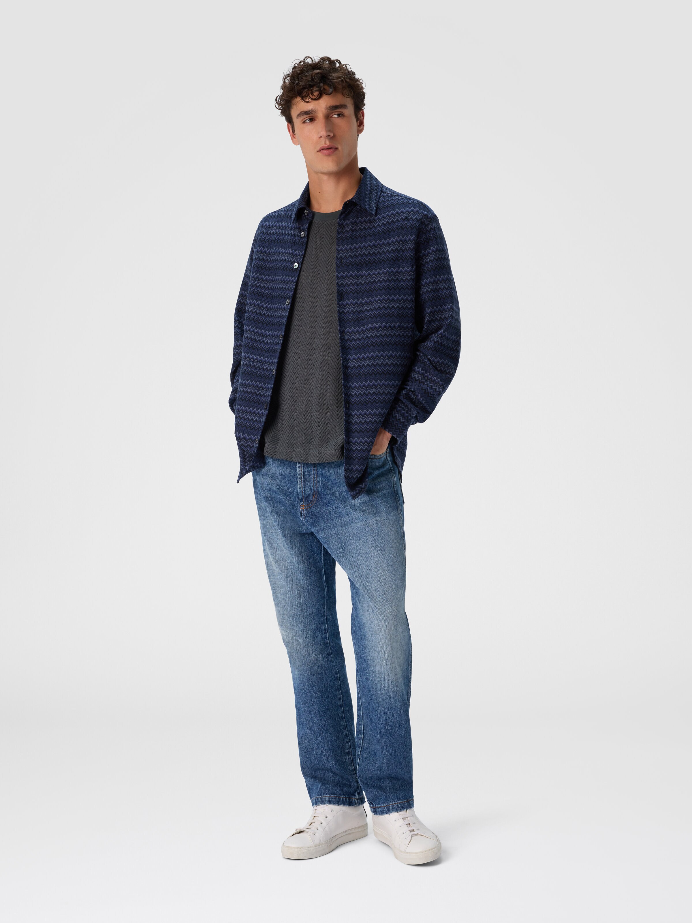 Shirt with Micro Zigzag Tone on Tone, Blue - 1