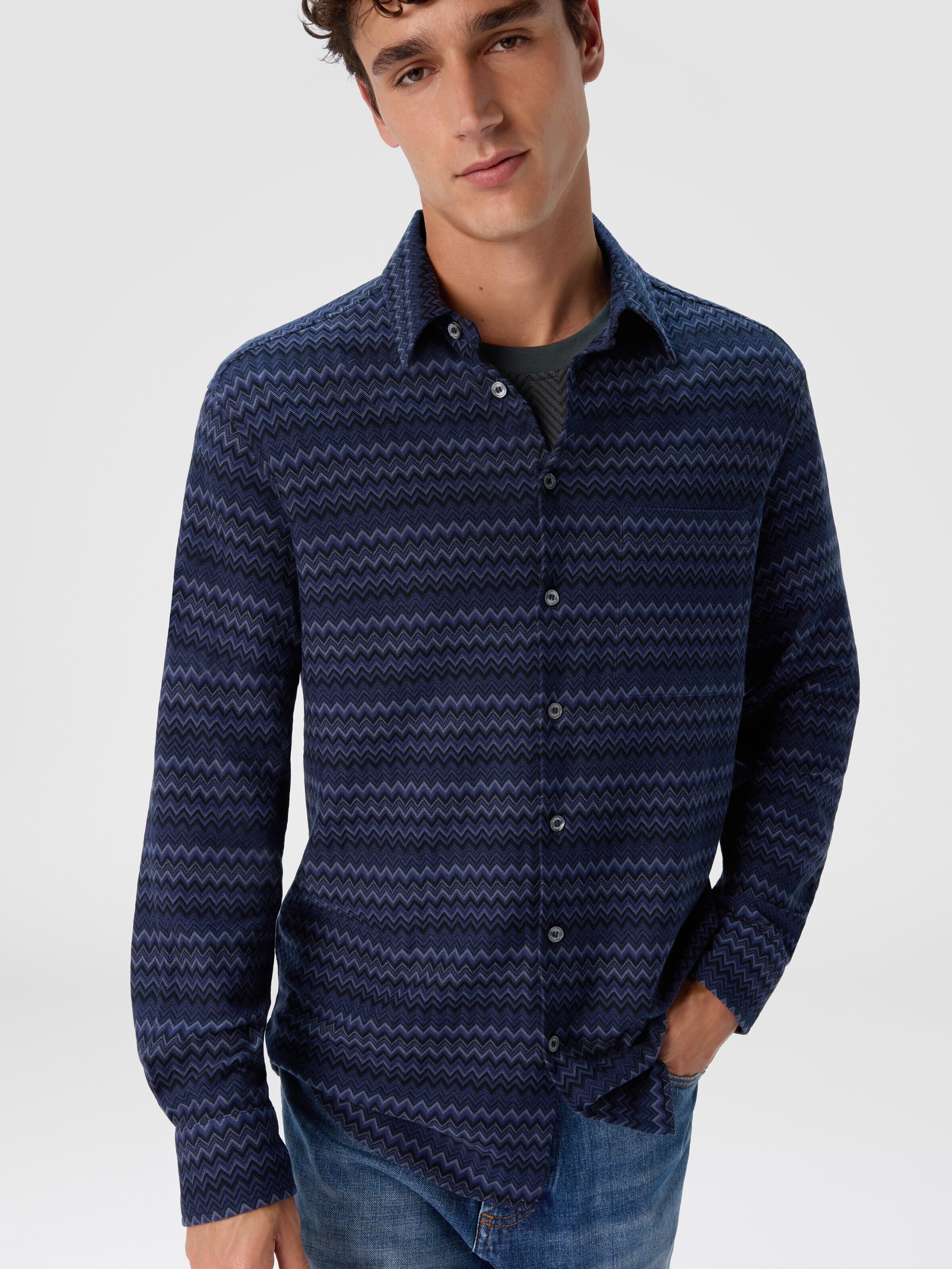 Shirt with Micro Zigzag Tone on Tone, Blue - 3