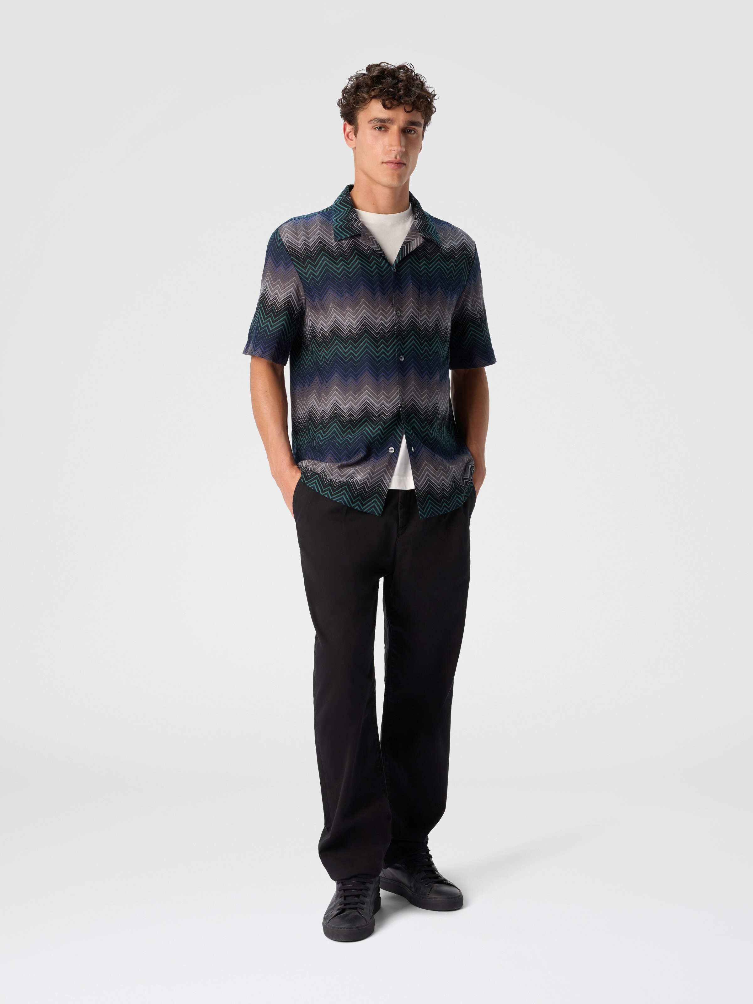 Bowling Shirt with Irregular Zigzag, Blue & Green - 1