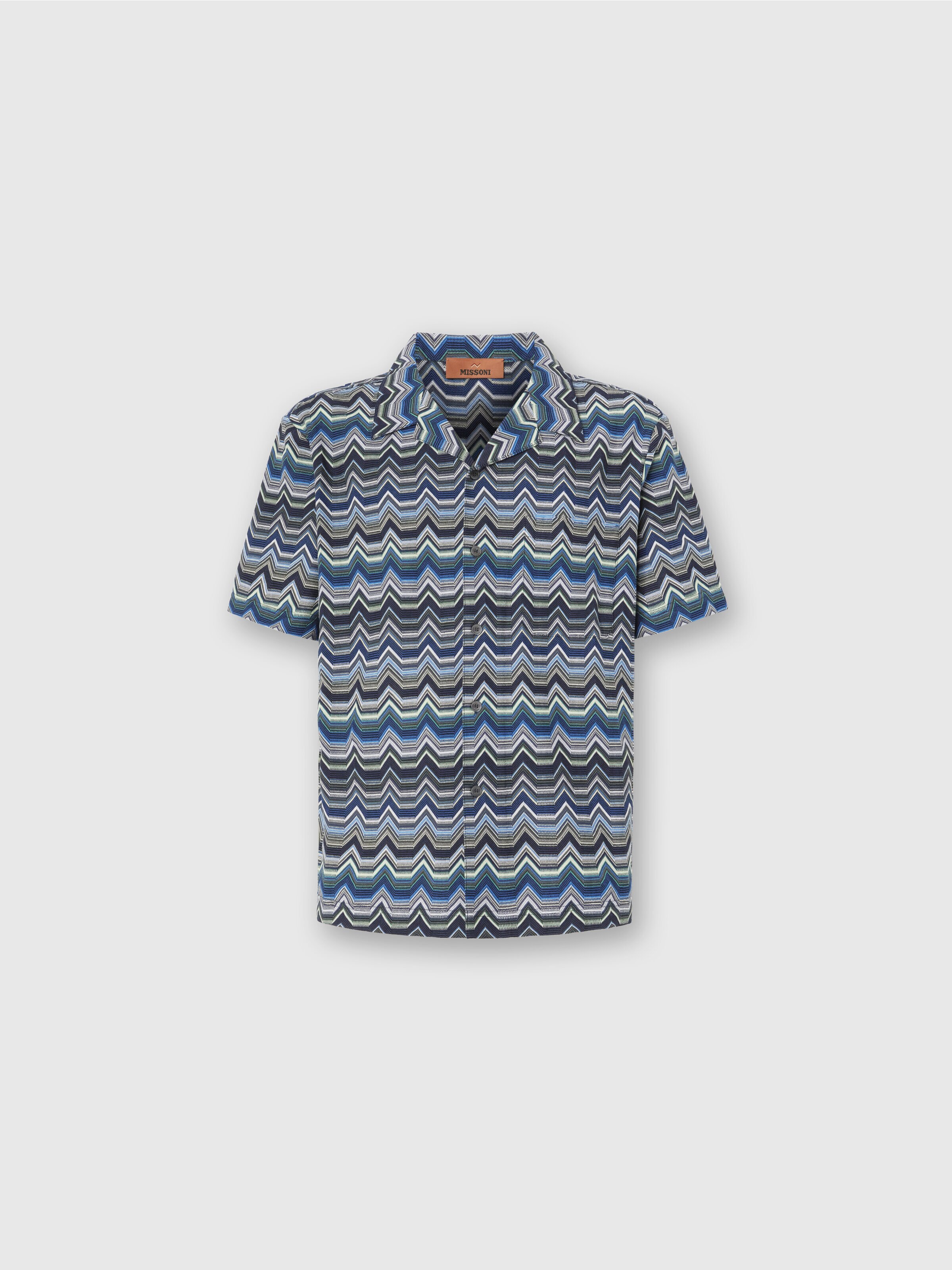 Chemise bowling à zigzag géométrique, Bleu & Vert  - 0