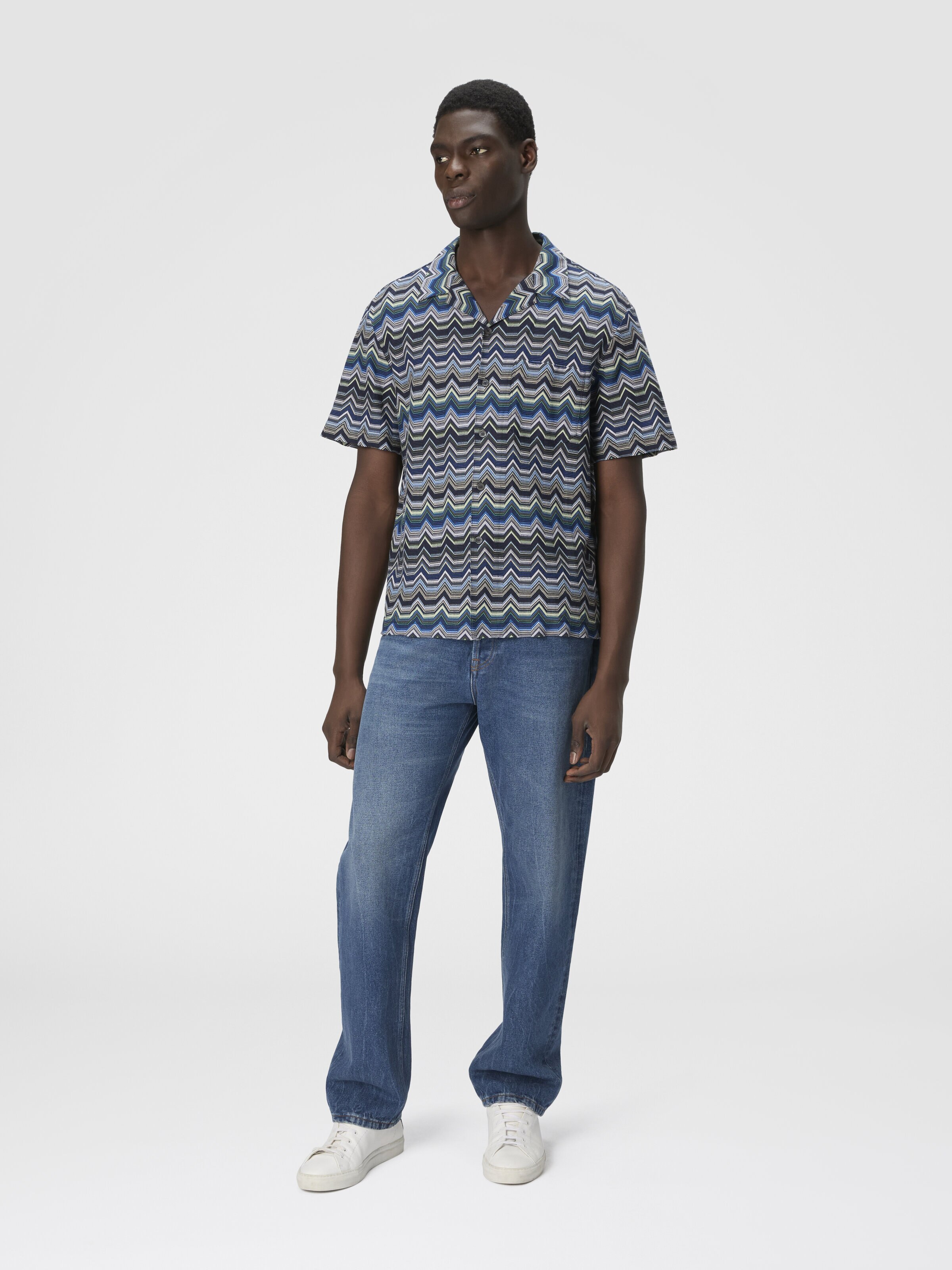 Chemise bowling à zigzag géométrique, Bleu & Vert  - 1
