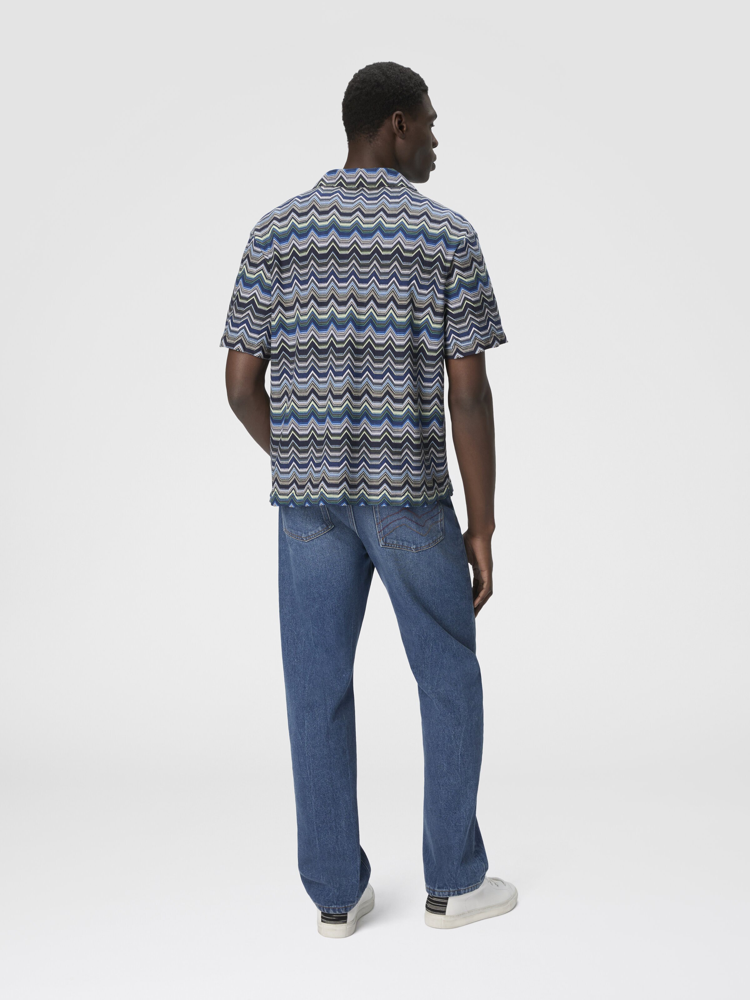 Chemise bowling à zigzag géométrique, Bleu & Vert  - 2