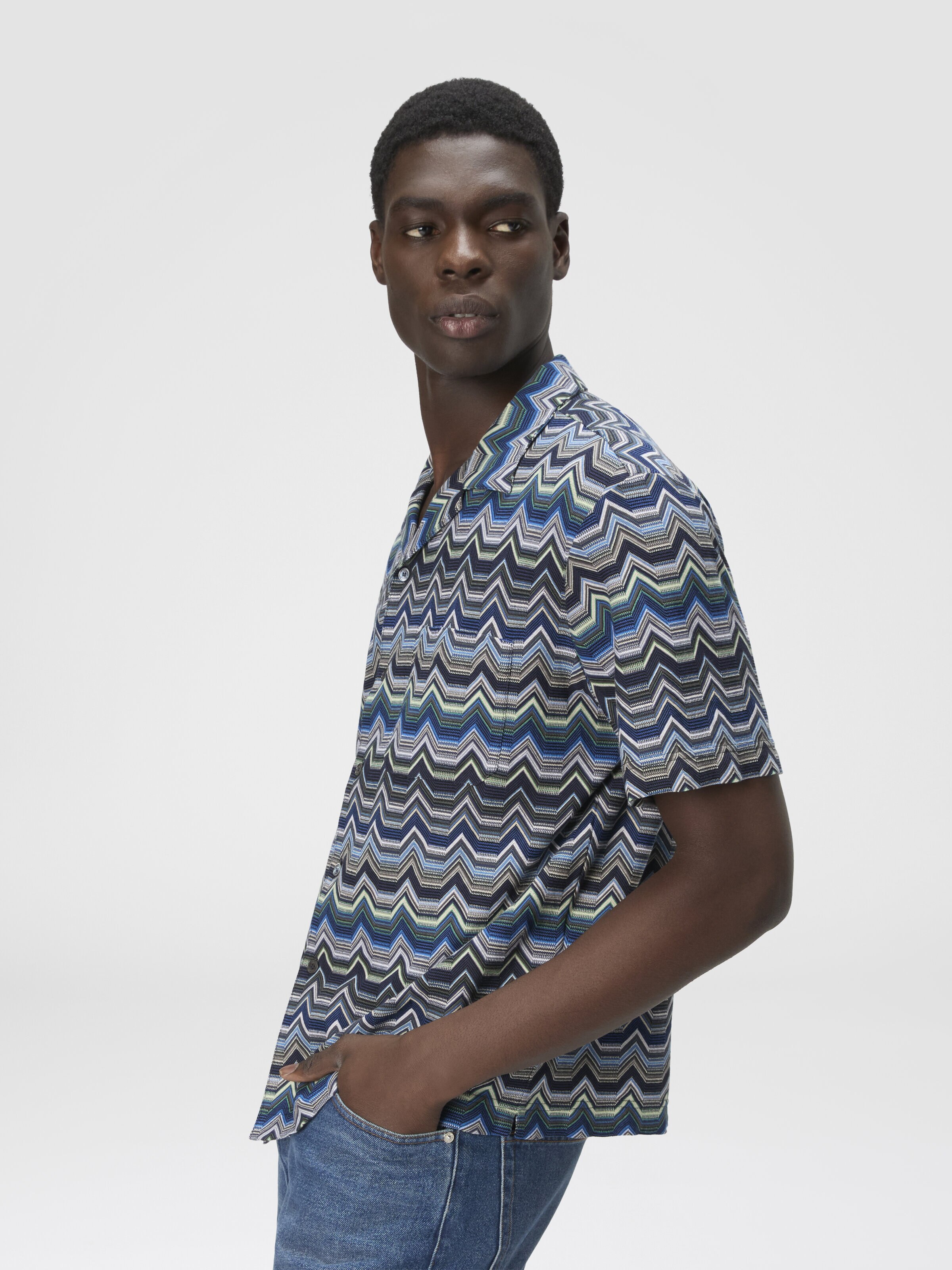 Chemise bowling à zigzag géométrique, Bleu & Vert  - 3