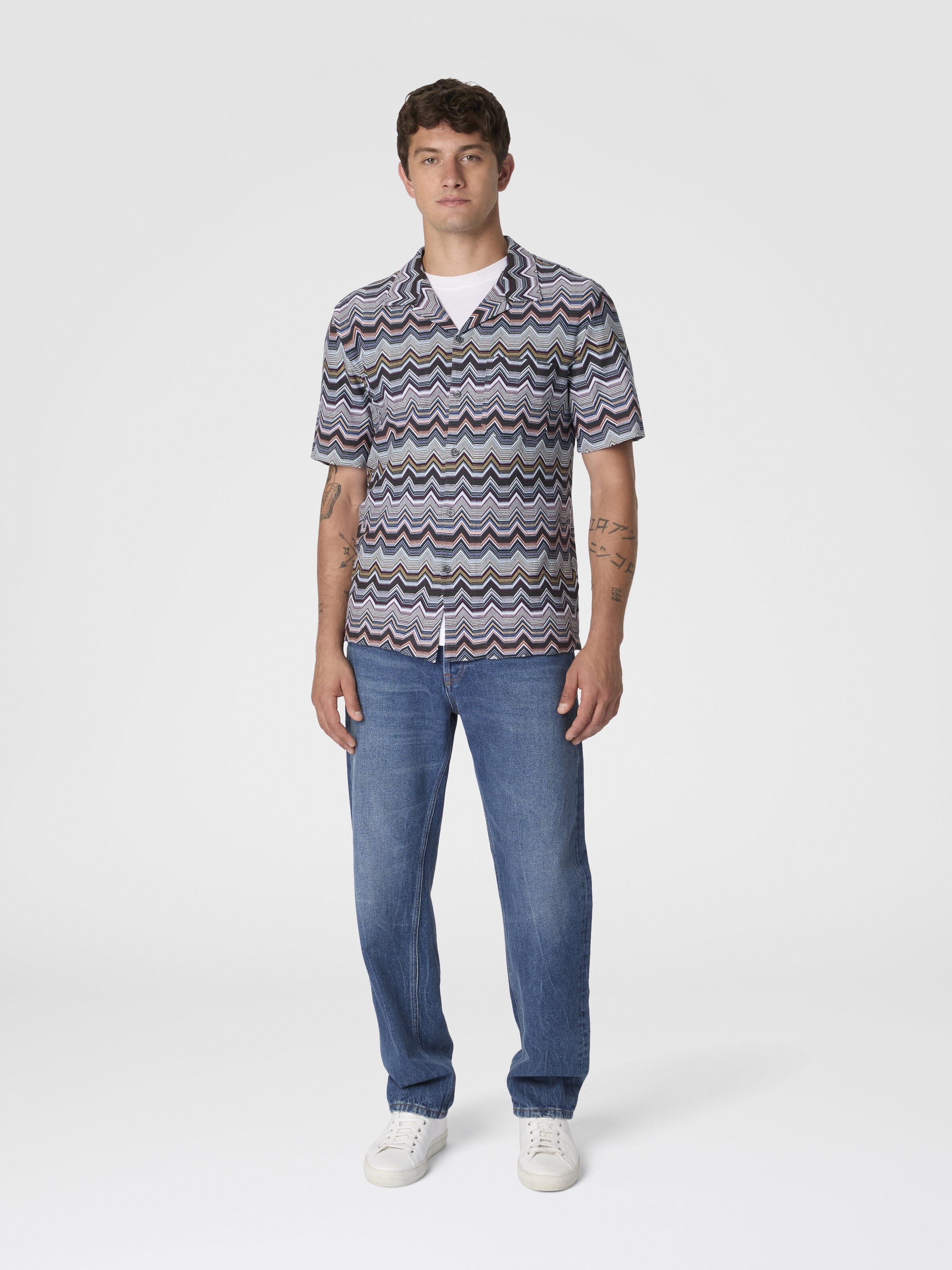 Bowling Shirt with Geometric Zigzag, Multicoloured  - 1
