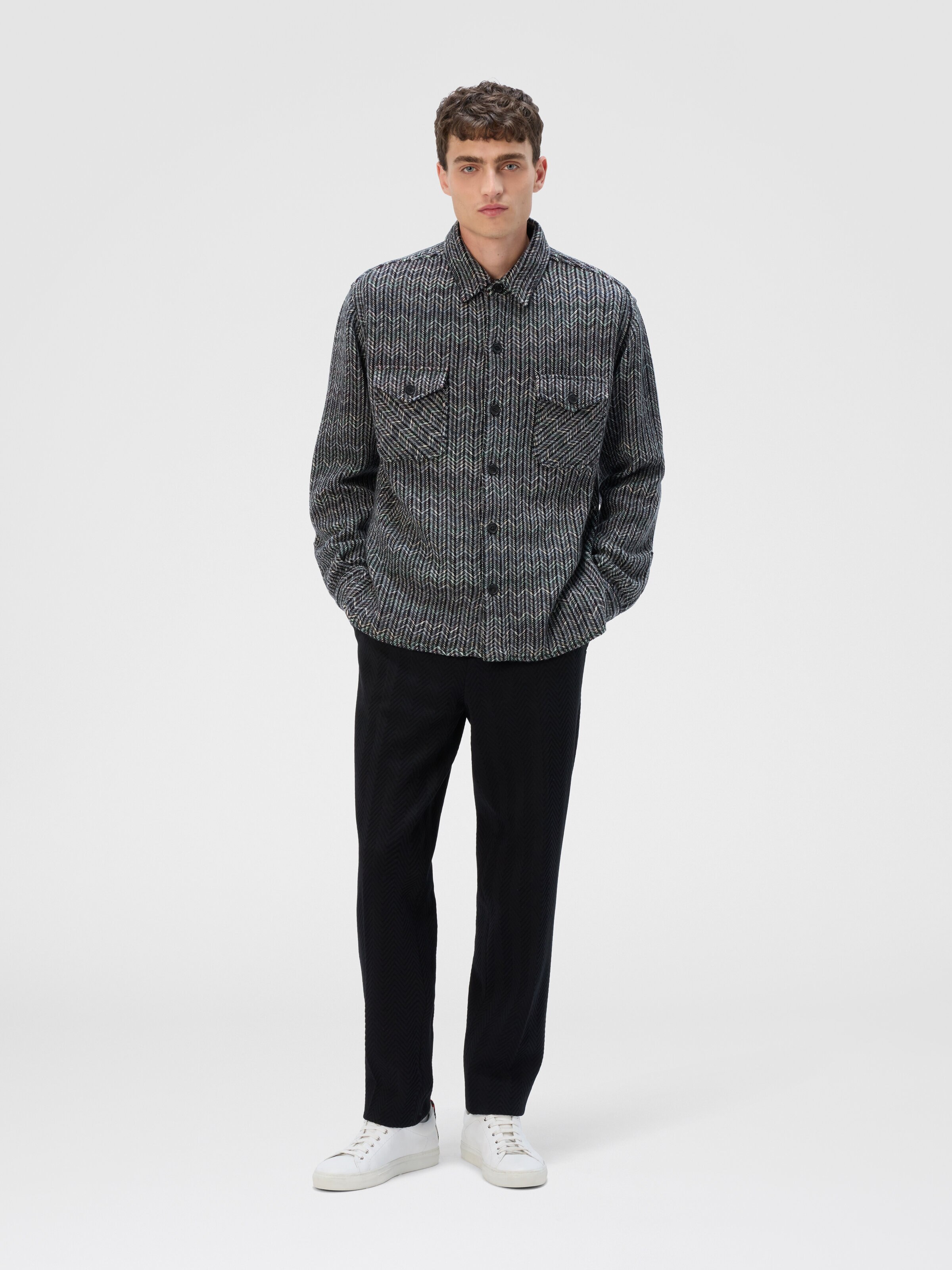 Overshirt in Wool-Cotton Blend with Zigzag Pattern, Multicoloured  - 1
