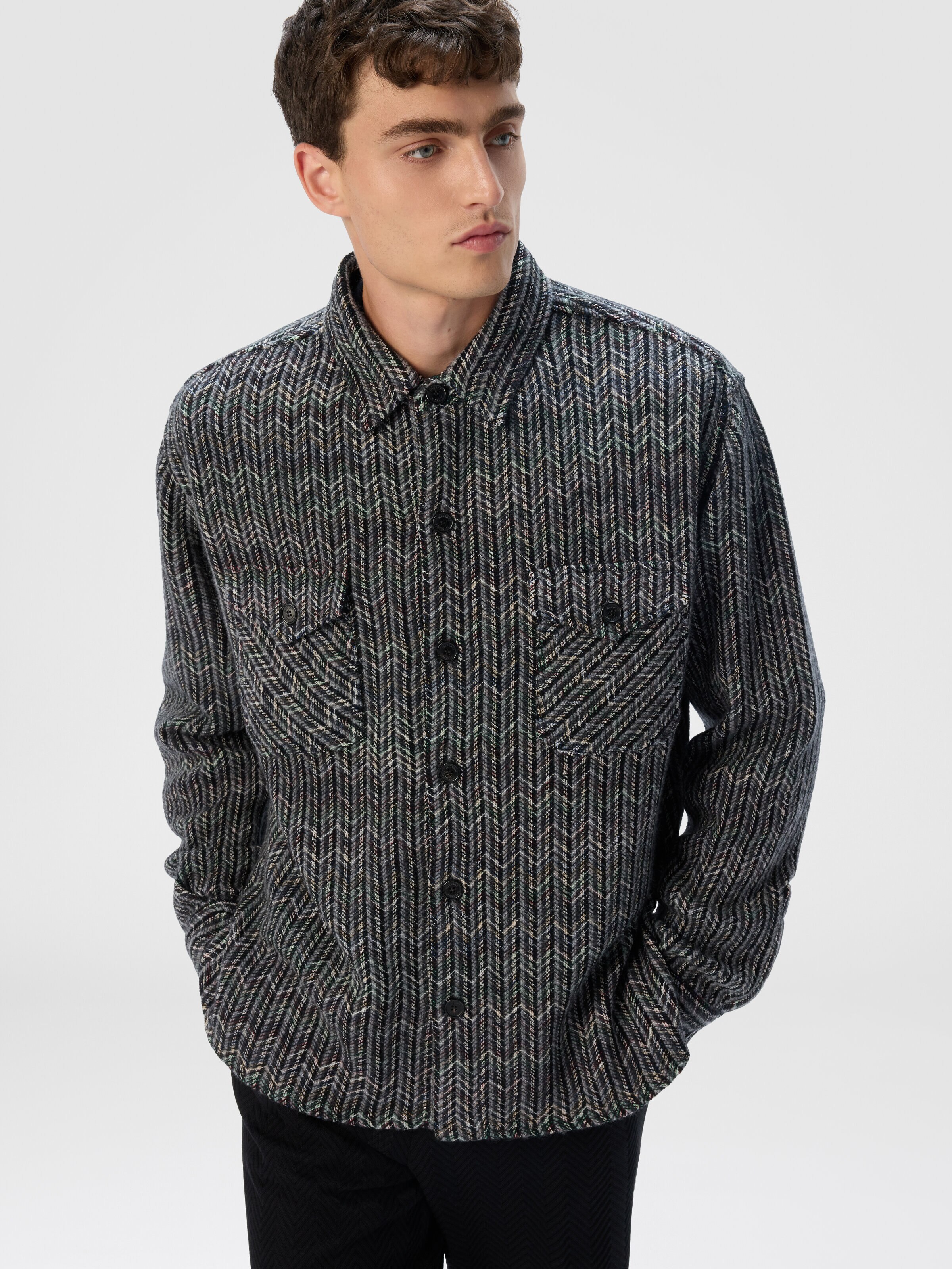 Overshirt in Wool-Cotton Blend with Zigzag Pattern, Multicoloured  - 3