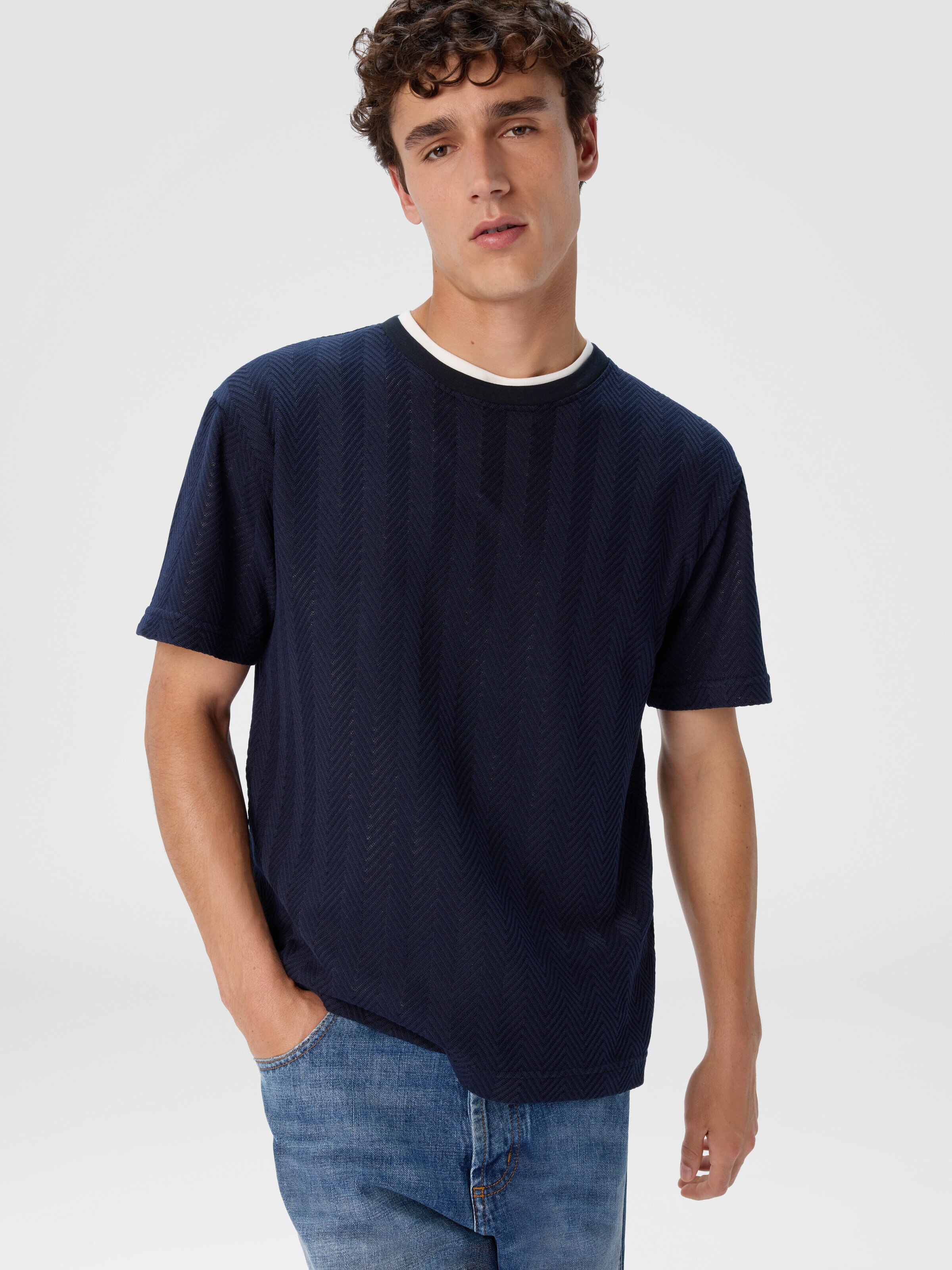 T-shirt col rond en coton et viscose raschel, Bleu - 3