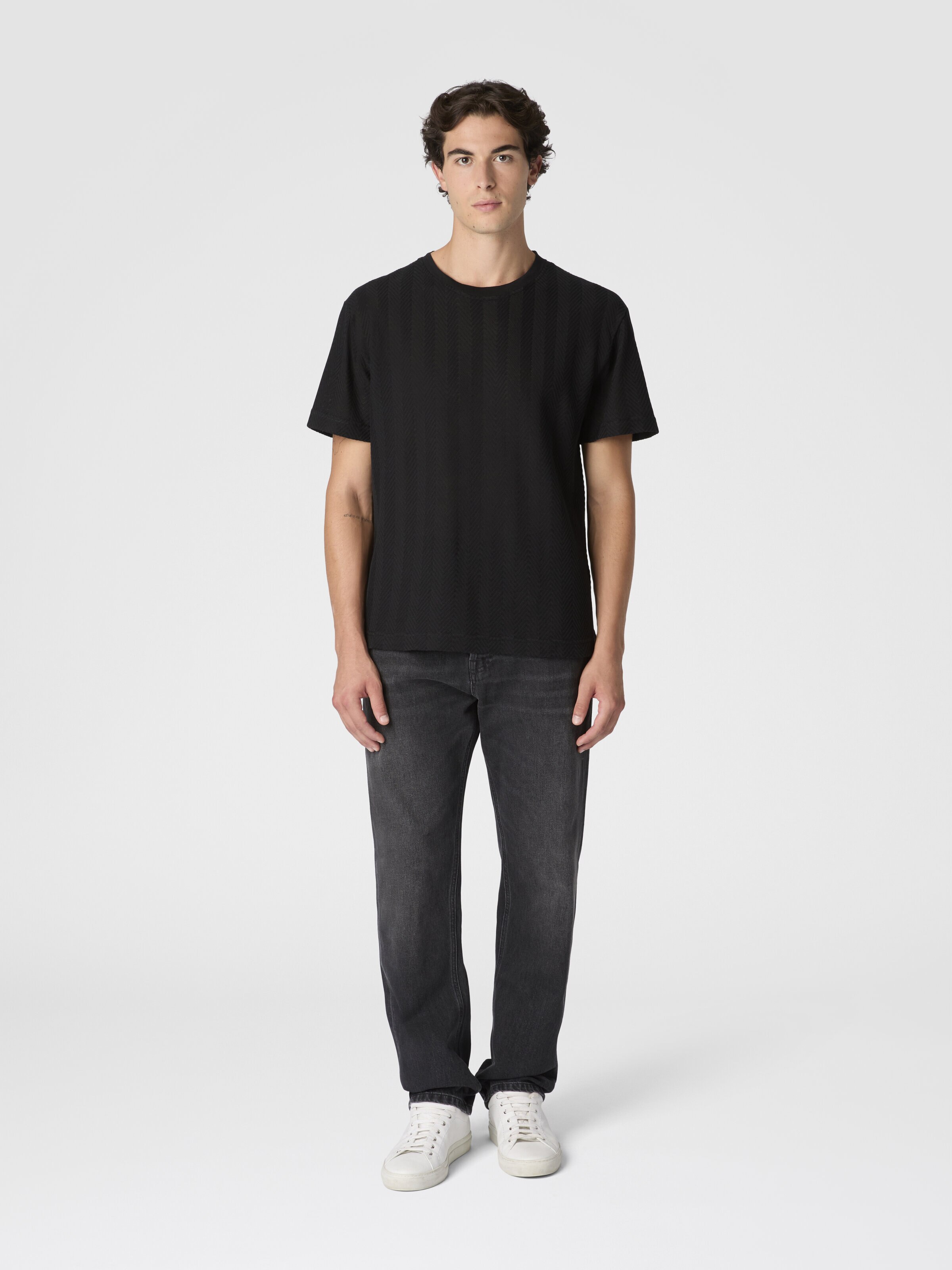 Crew Neck T-Shirt in Cotton-Viscose Raschel, Black - 1