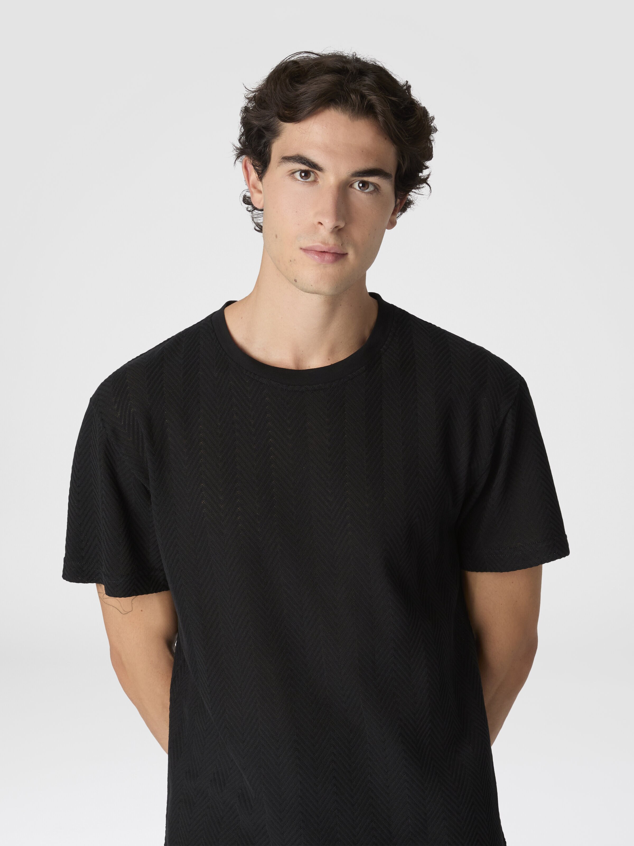 Crew Neck T-Shirt in Cotton-Viscose Raschel, Black - 3