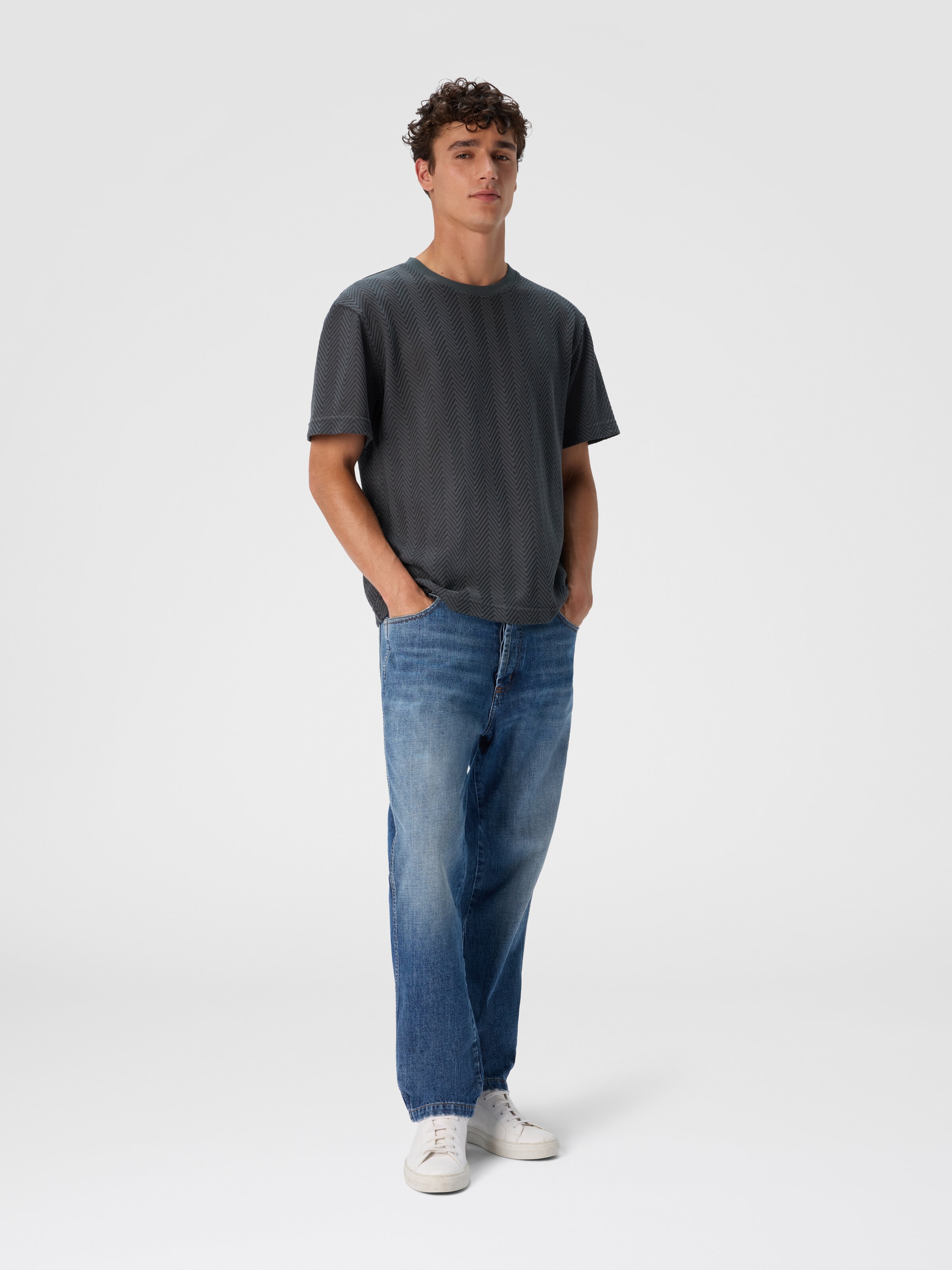 Crew Neck T-Shirt in Cotton-Viscose Raschel, Grey - 1