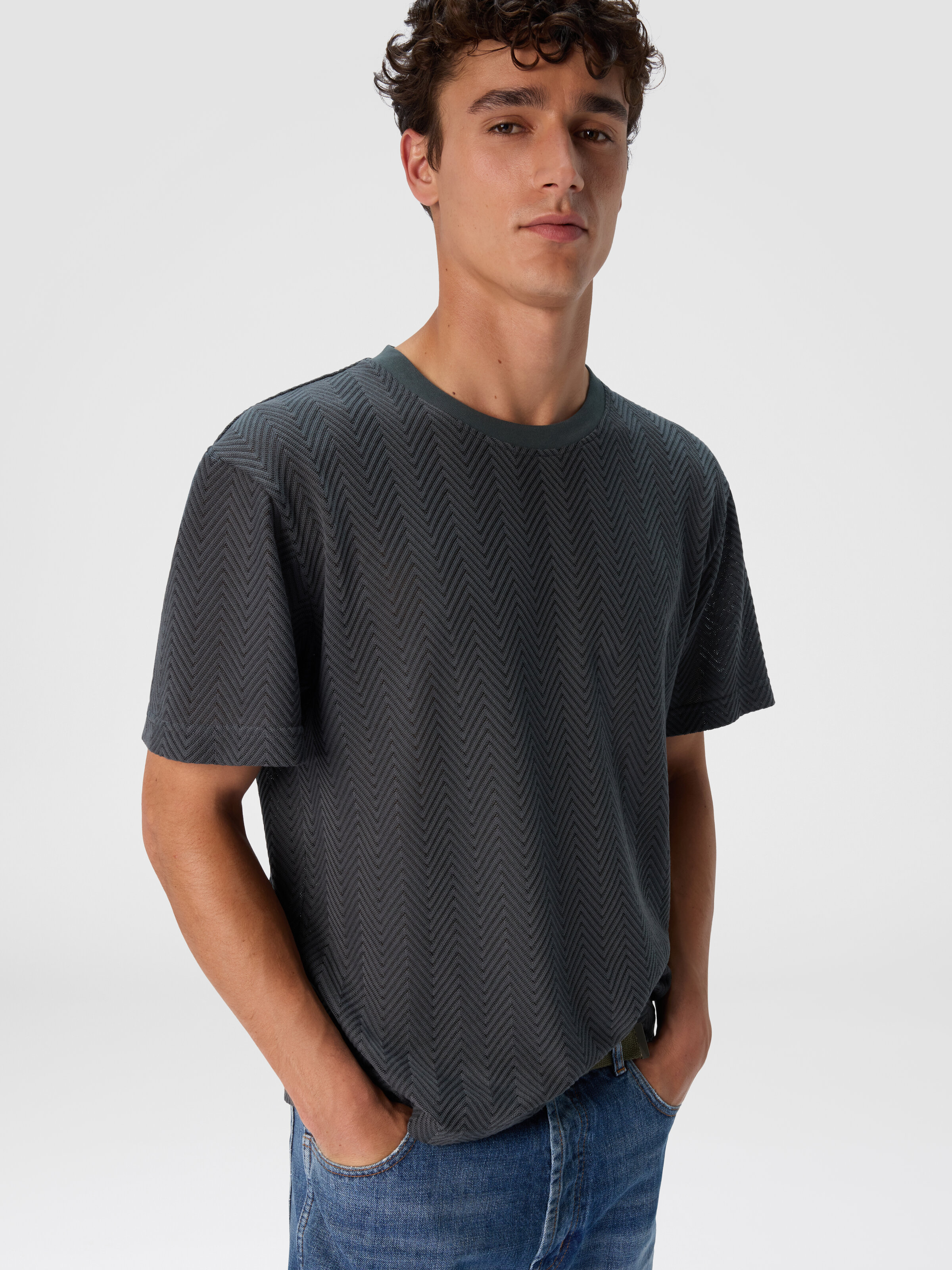 Crew Neck T-Shirt in Cotton-Viscose Raschel, Grey - 3