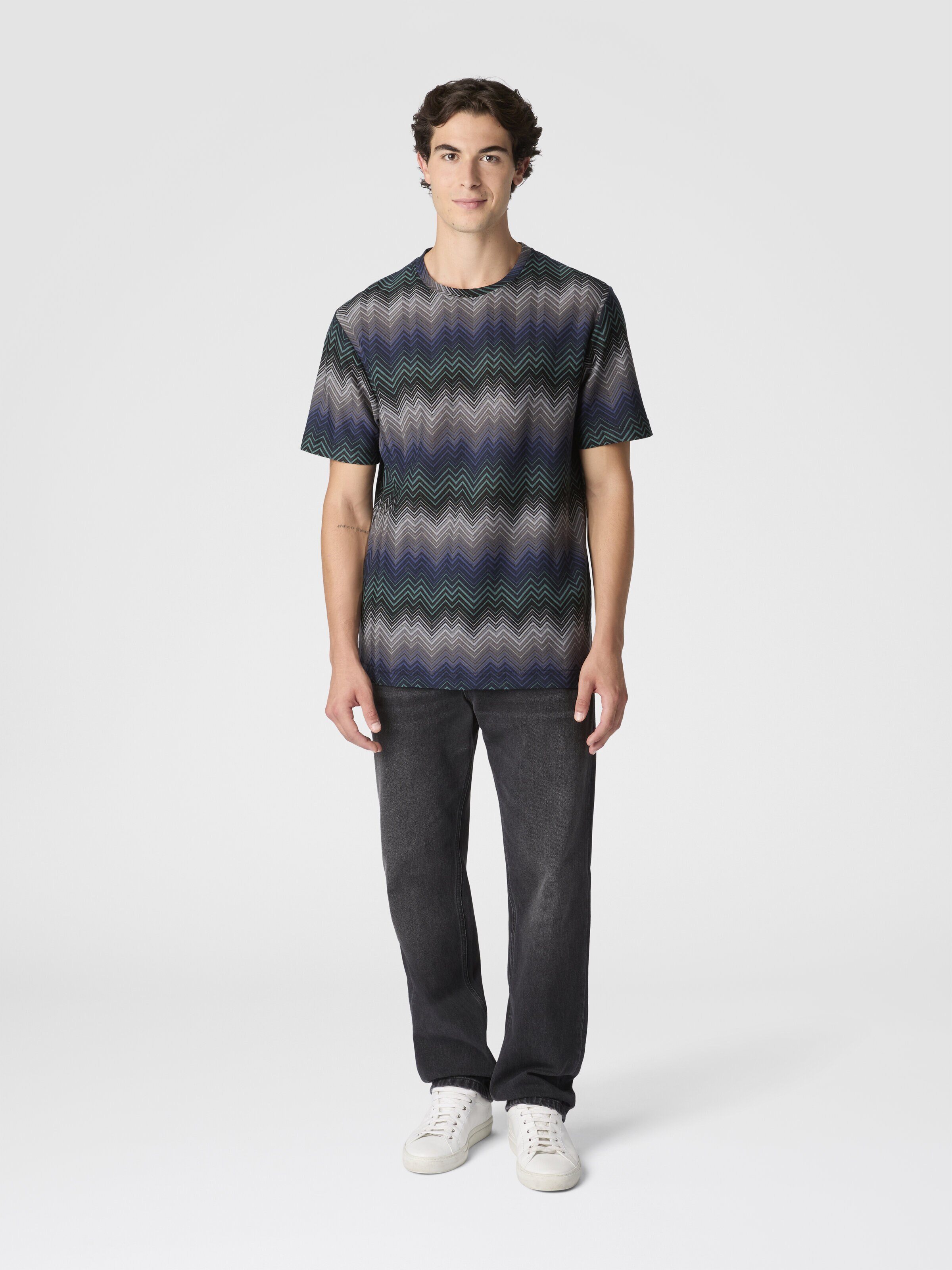 Crew Neck T-Shirt with Irregular Zigzag, Blue & Green - 1