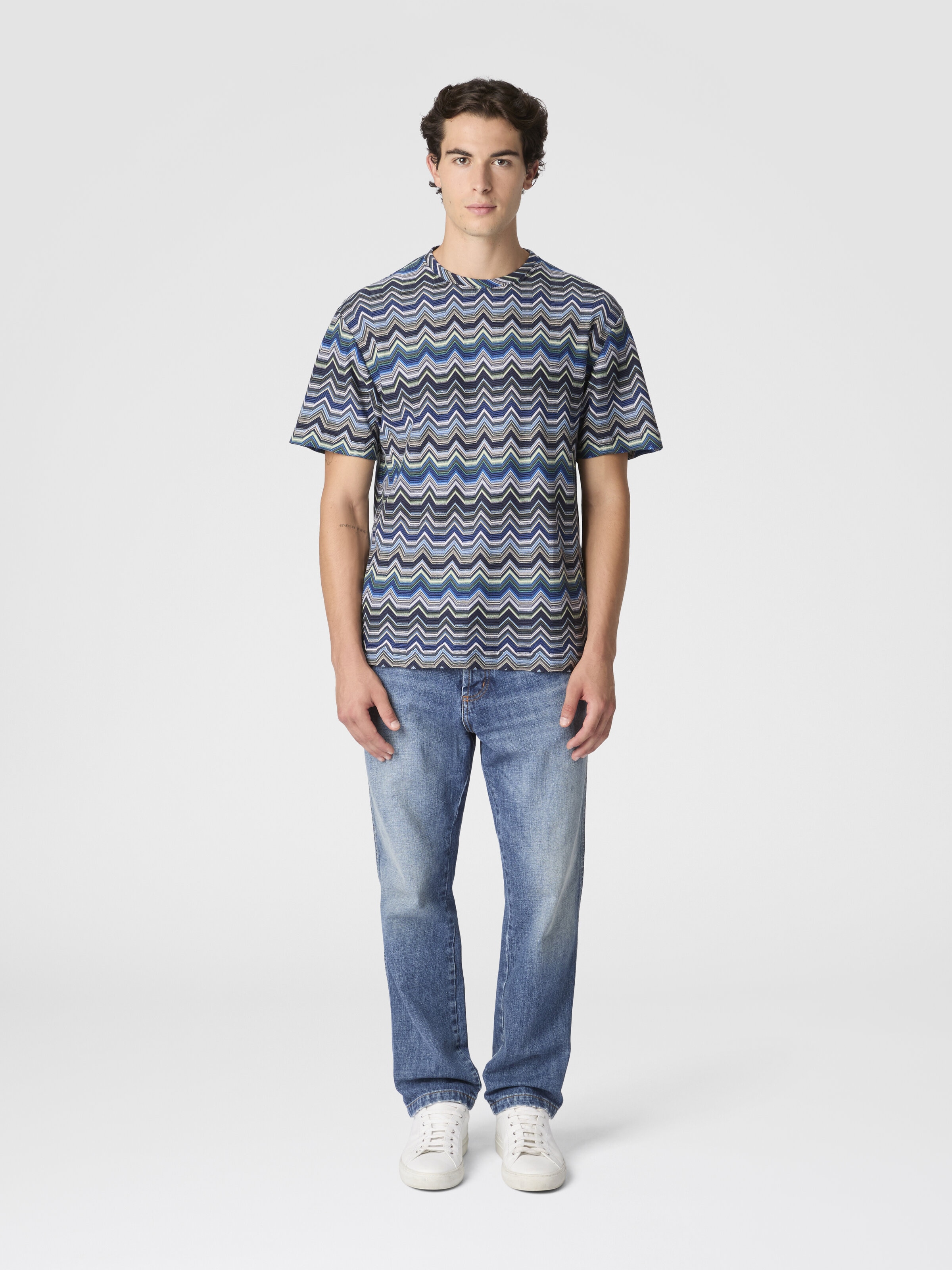 Crew Neck T-Shirt with Geometric Zigzag, Blue & Green - 1