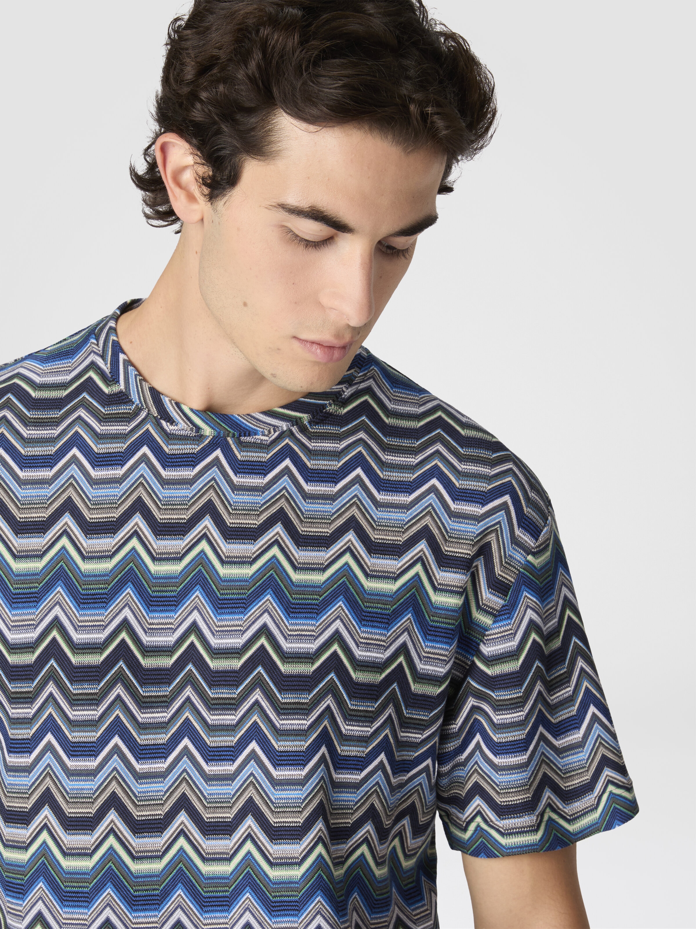 Crew Neck T-Shirt with Geometric Zigzag, Blue & Green - 4