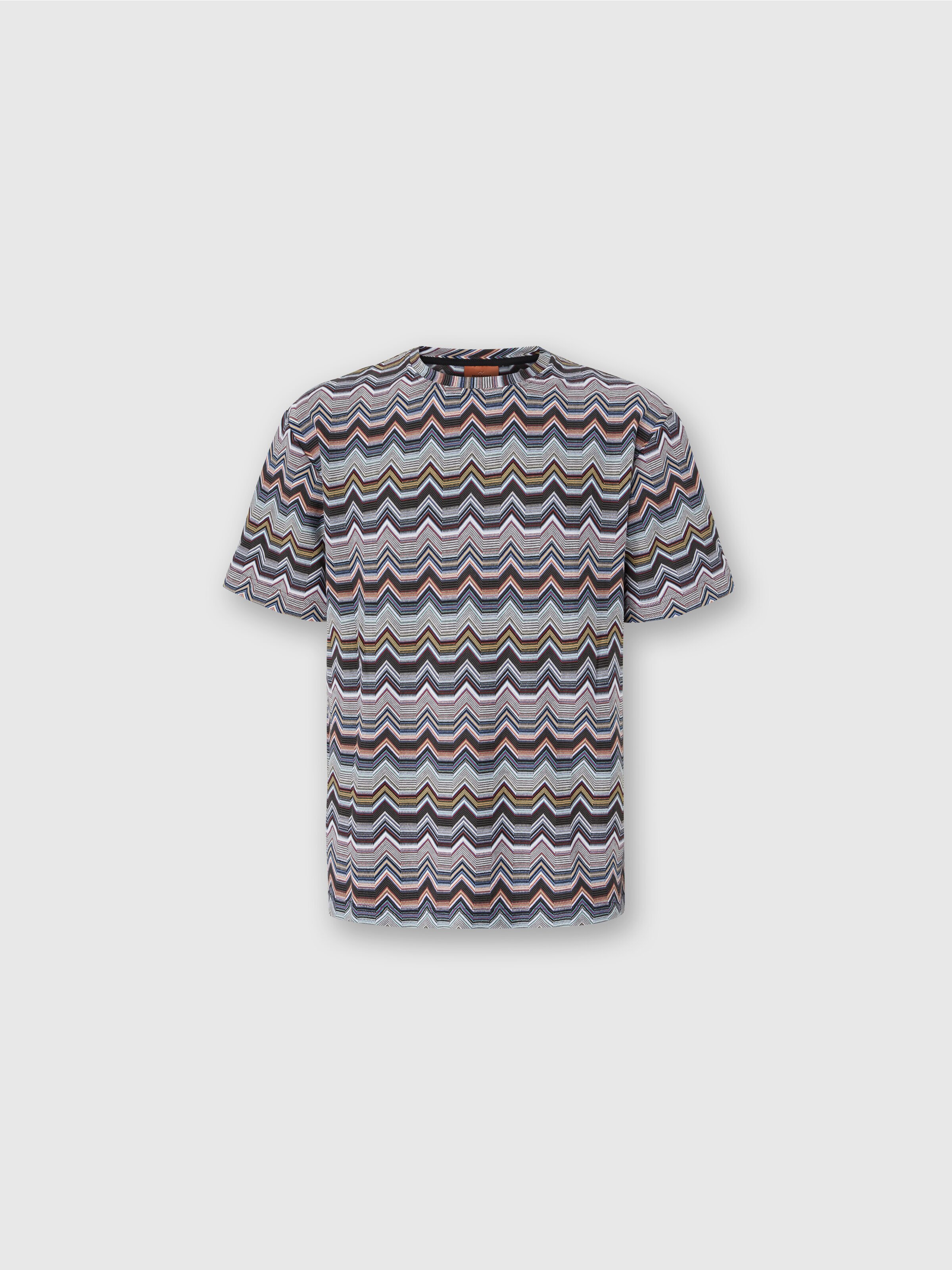 Crew Neck T-Shirt with Geometric Zigzag, Multicoloured  - 0