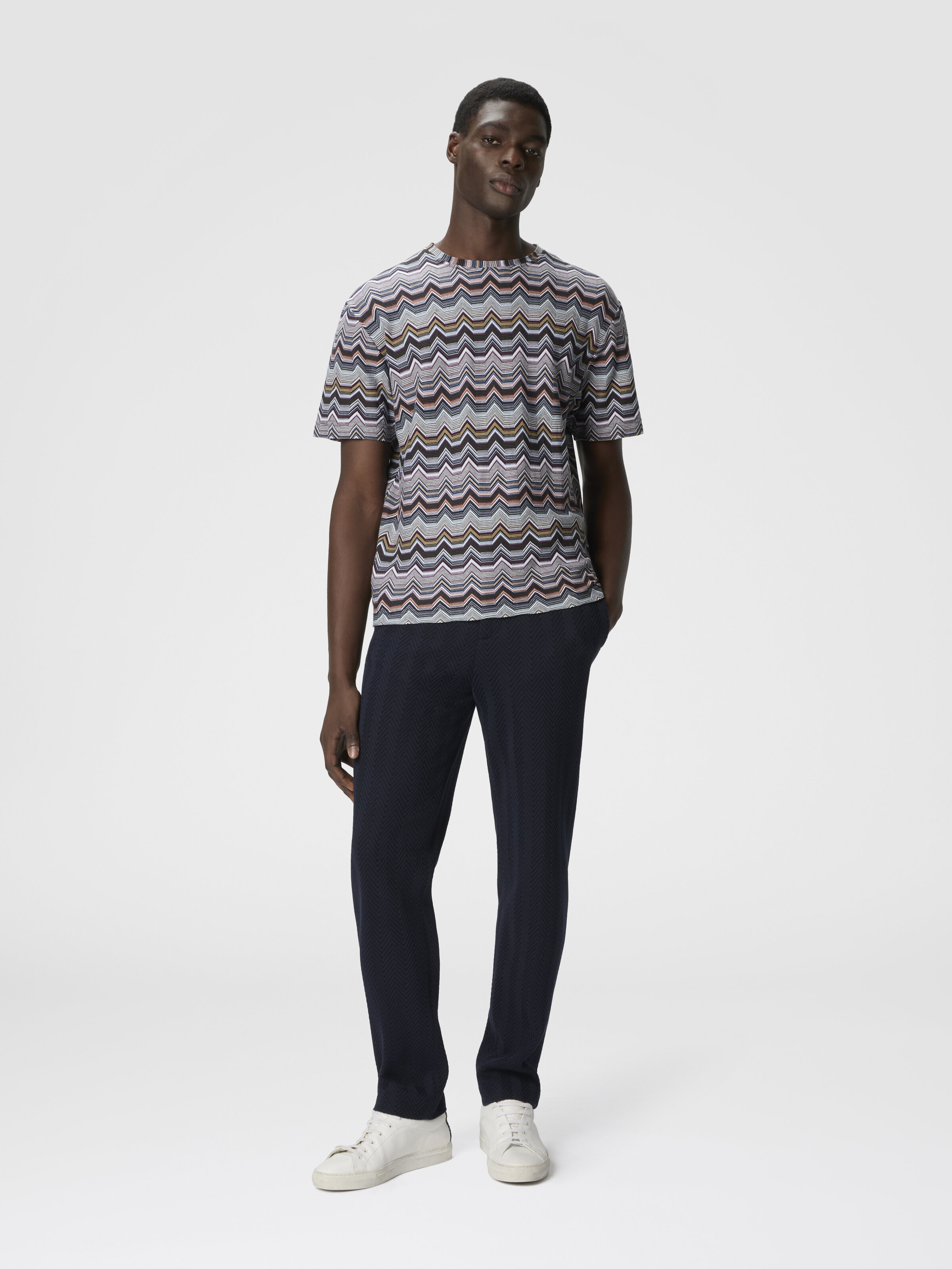 Crew Neck T-Shirt with Geometric Zigzag, Multicoloured  - 1