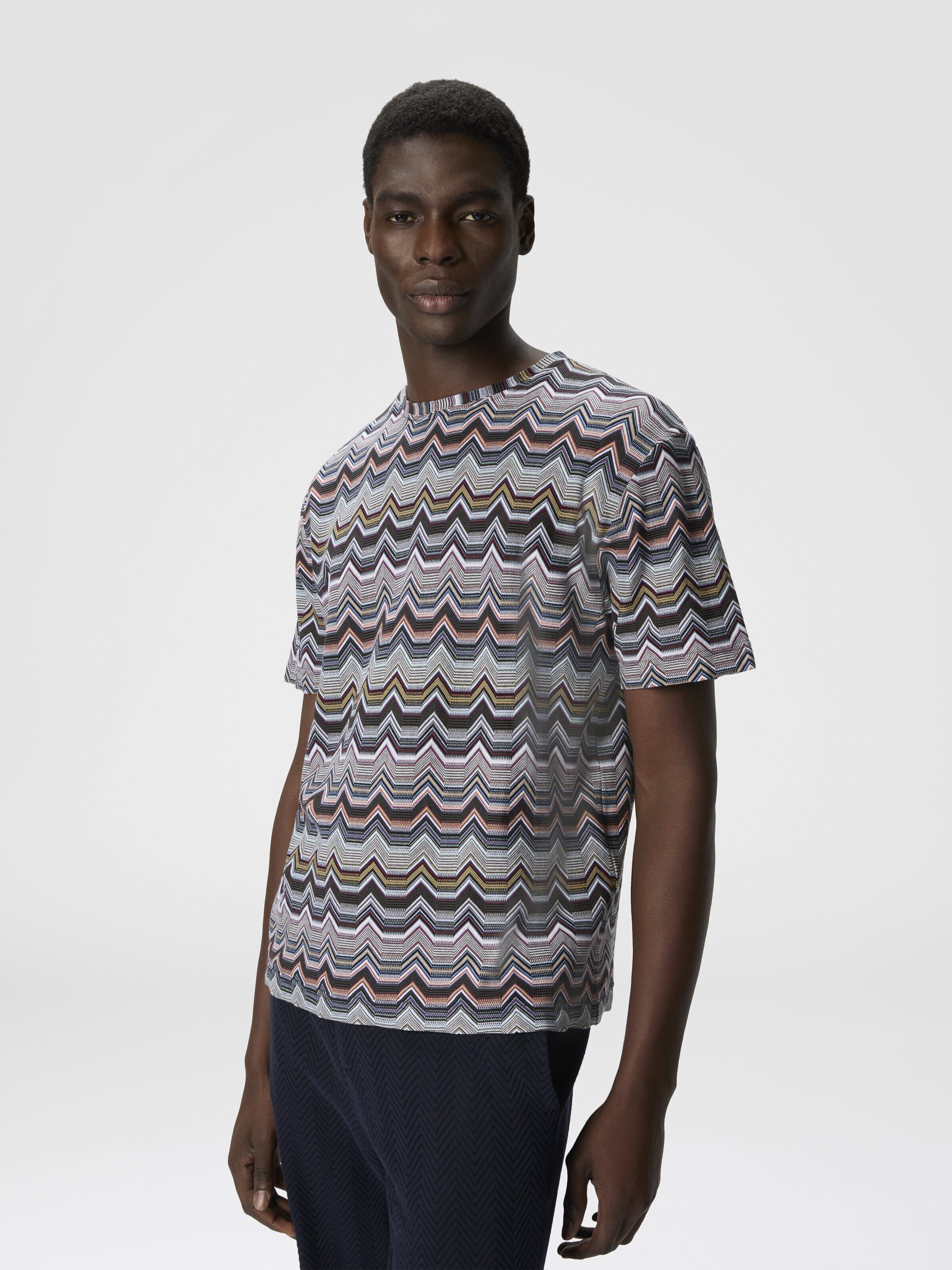 Crew Neck T-Shirt with Geometric Zigzag, Multicoloured  - 3