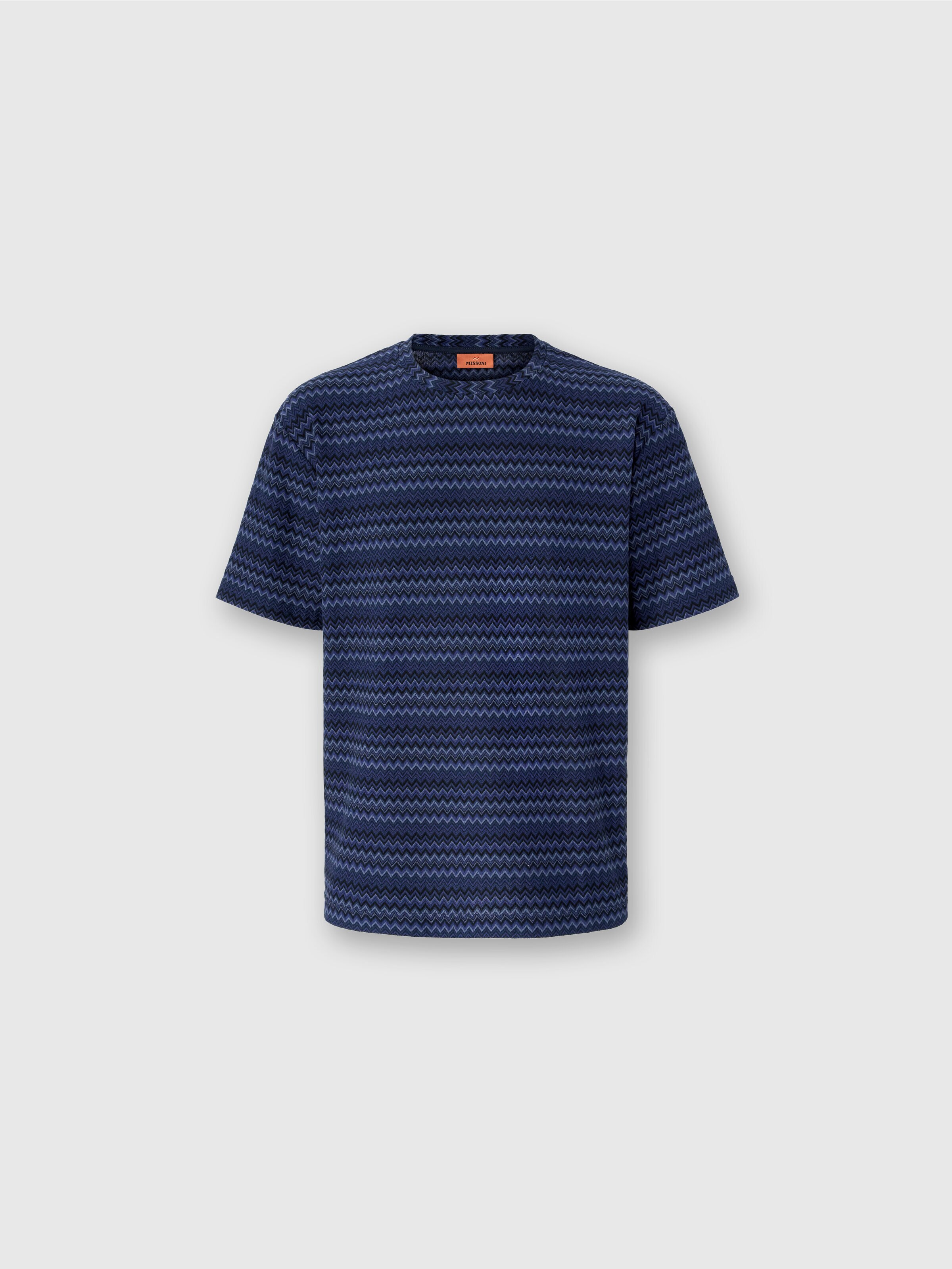 Crew Neck T-Shirt with Micro Zigzag, Blue - 0