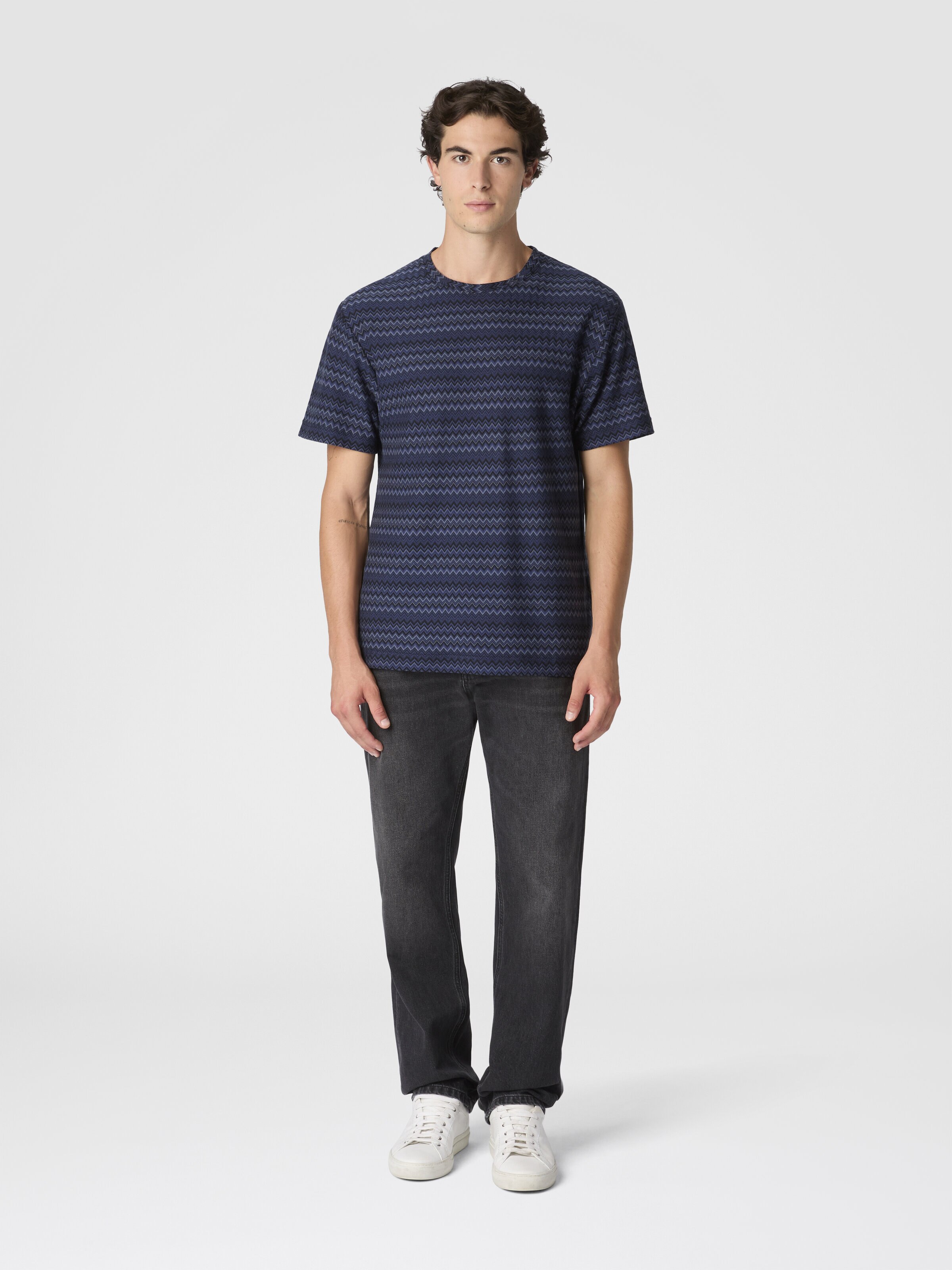 Crew Neck T-Shirt with Micro Zigzag, Blue - 1