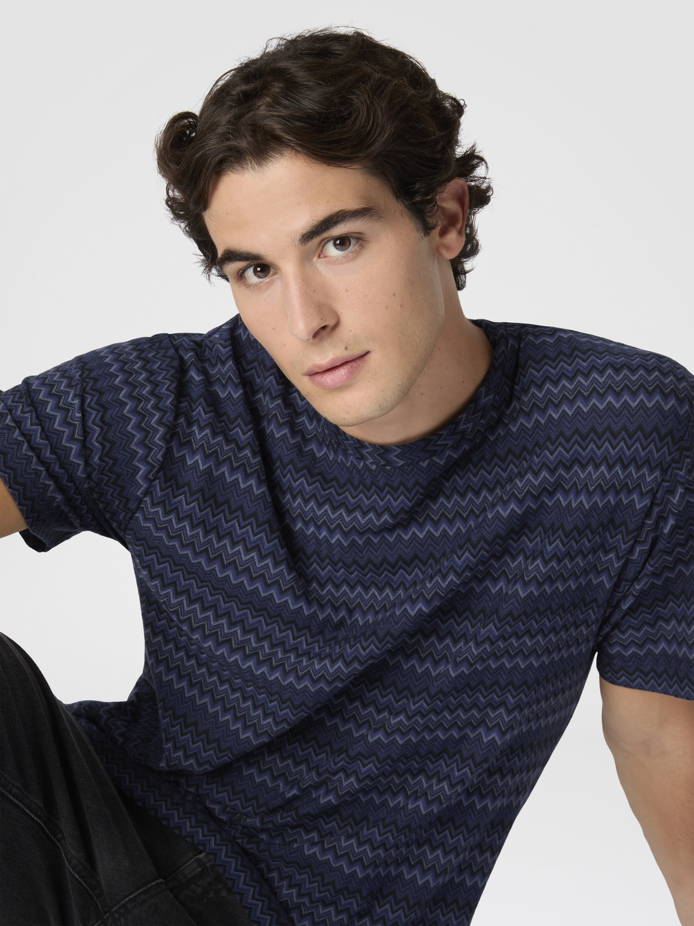 Crew Neck T-Shirt with Micro Zigzag, Blue - 3