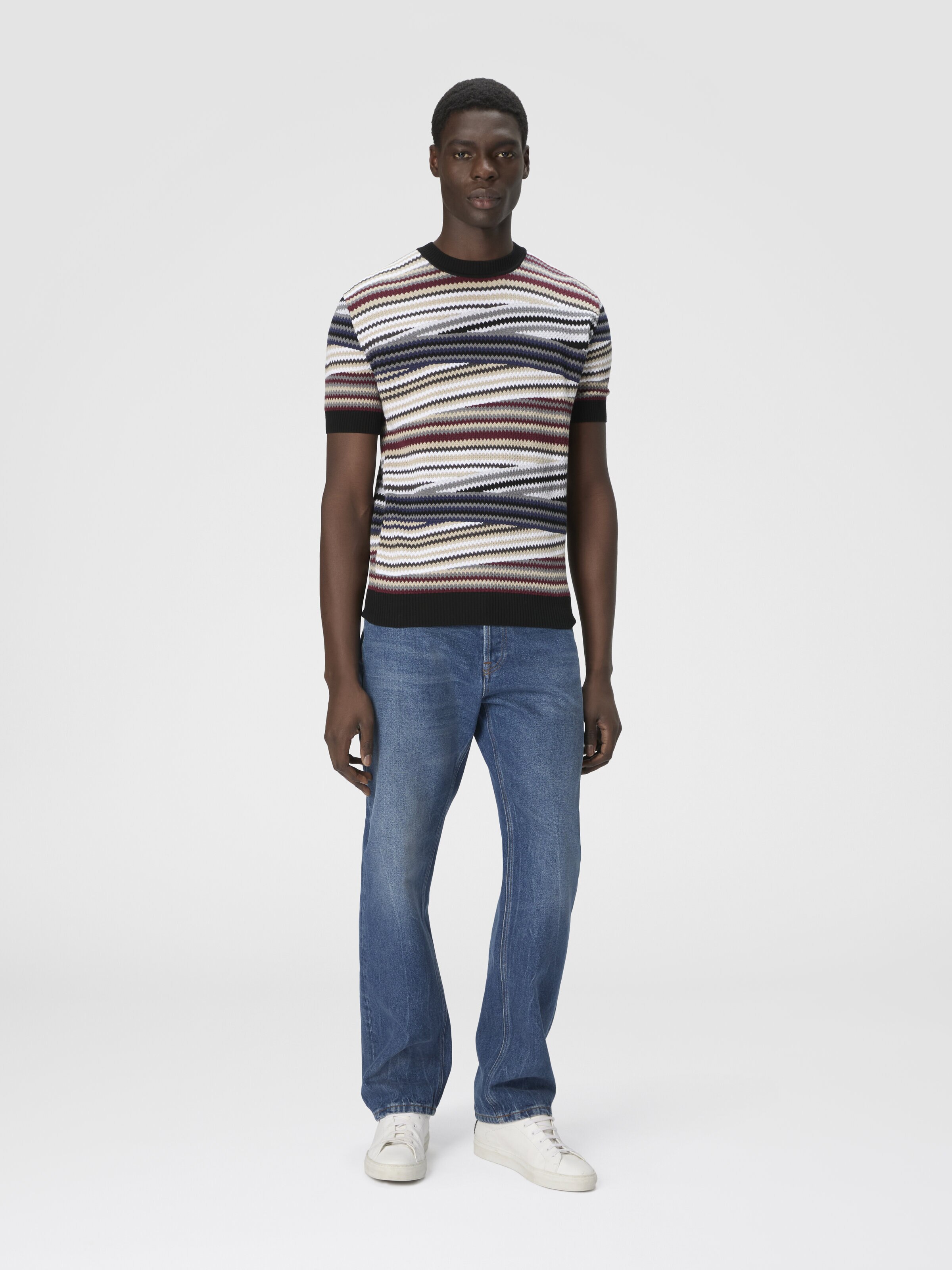 Short Sleeve T-Shirt with Striped Micro Zigzag, Multicoloured  - 1