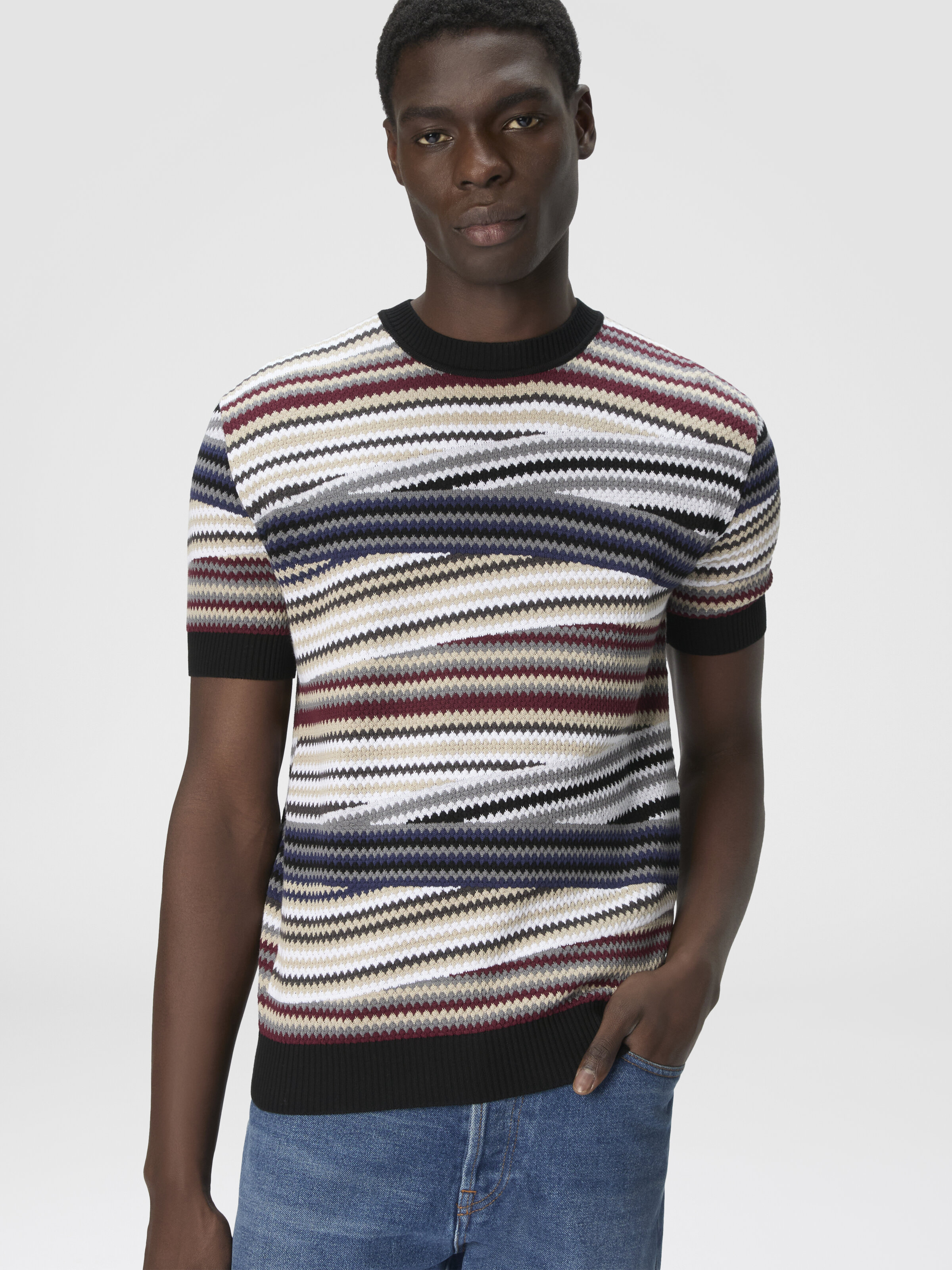 Short Sleeve T-Shirt with Striped Micro Zigzag, Multicoloured  - 3