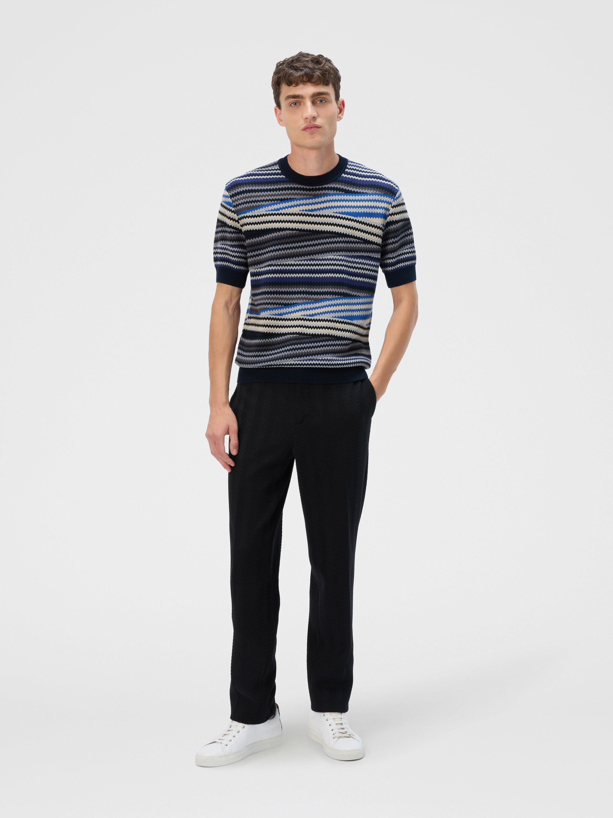 Short Sleeve T-Shirt with Striped Micro Zigzag, Blue - 1