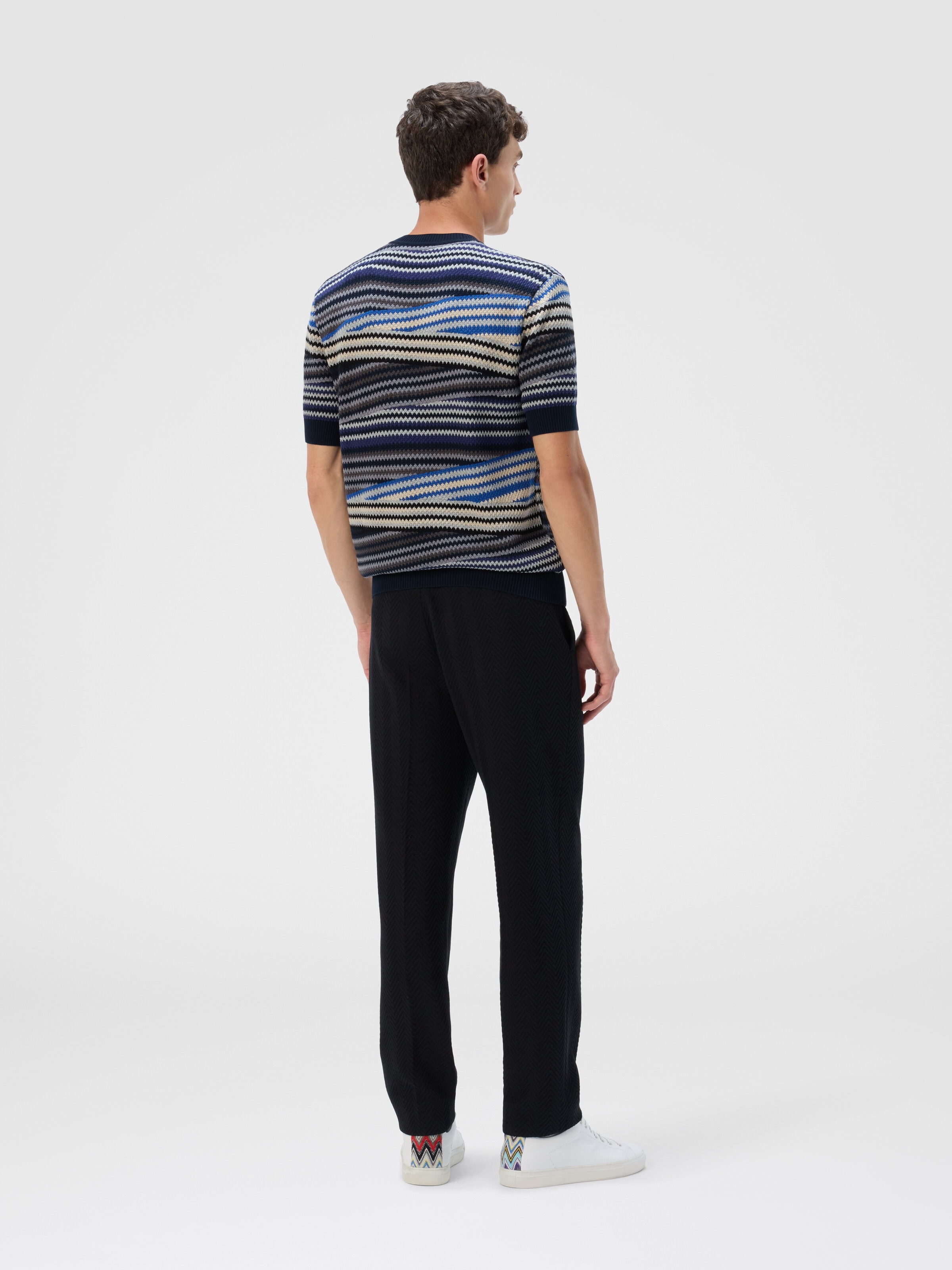 Short Sleeve T-Shirt with Striped Micro Zigzag, Blue - 2