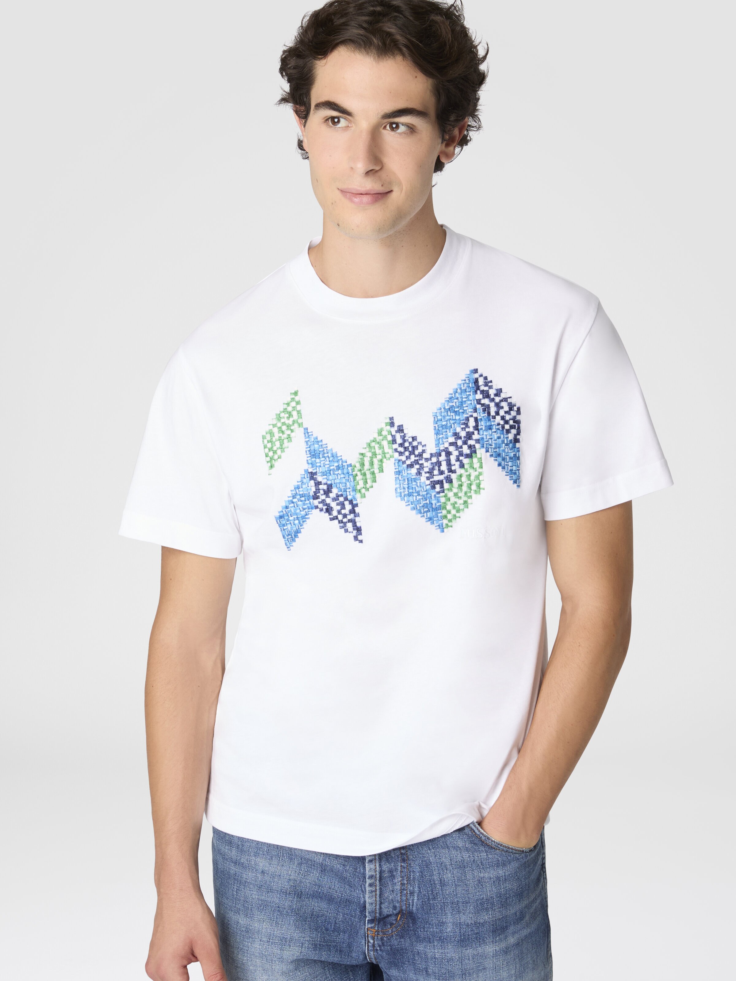 Short Sleeve T-Shirt with Flame Zigzag Insert and Logo, White  - 3