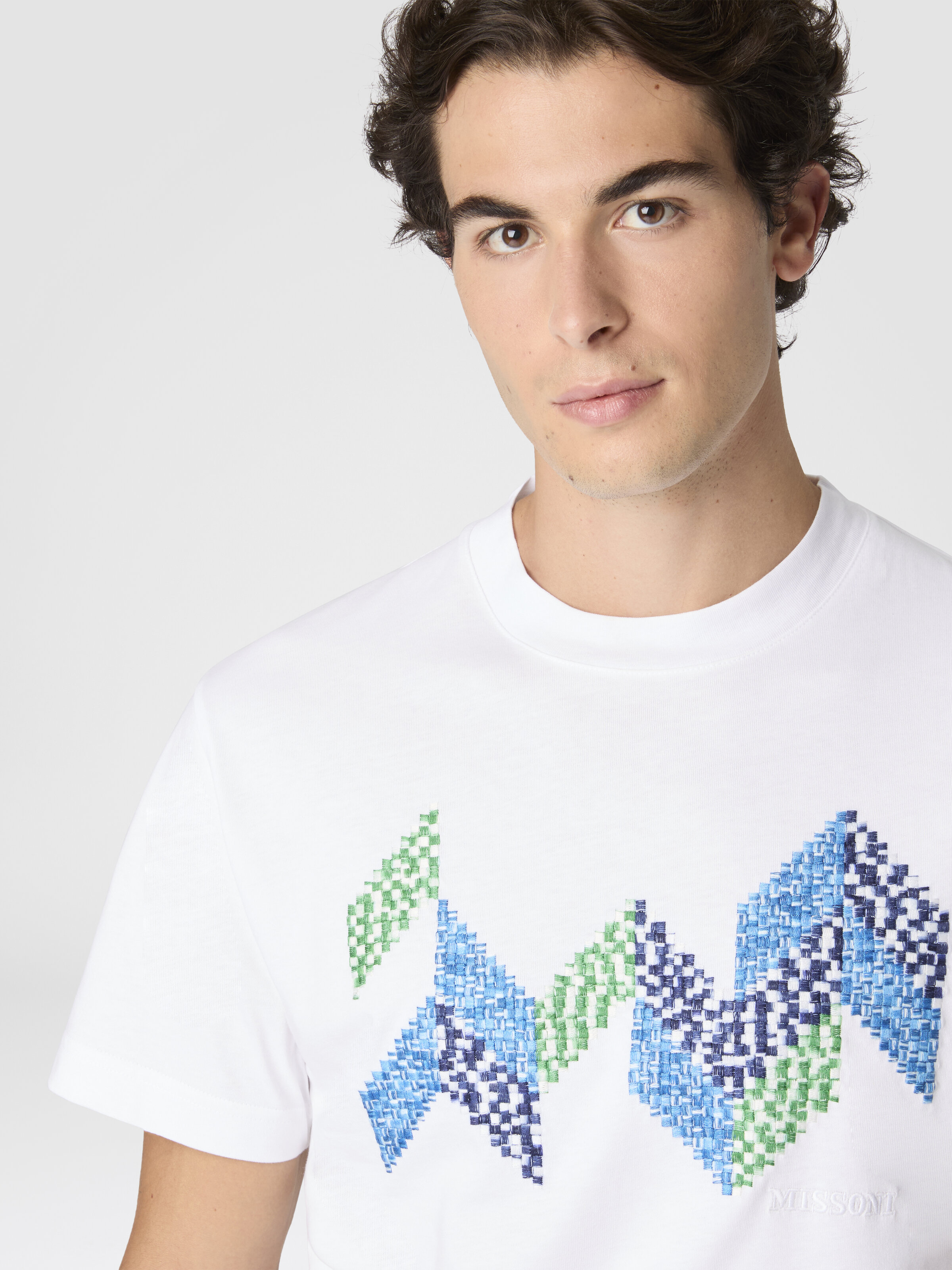 Short Sleeve T-Shirt with Flame Zigzag Insert and Logo, White  - 4