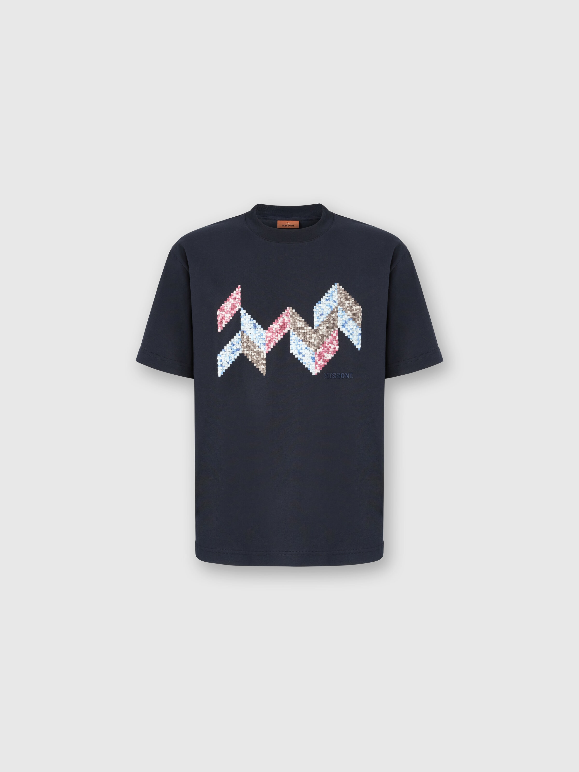 Short Sleeve T-Shirt with Flame Zigzag Insert and Logo, Blue - 0