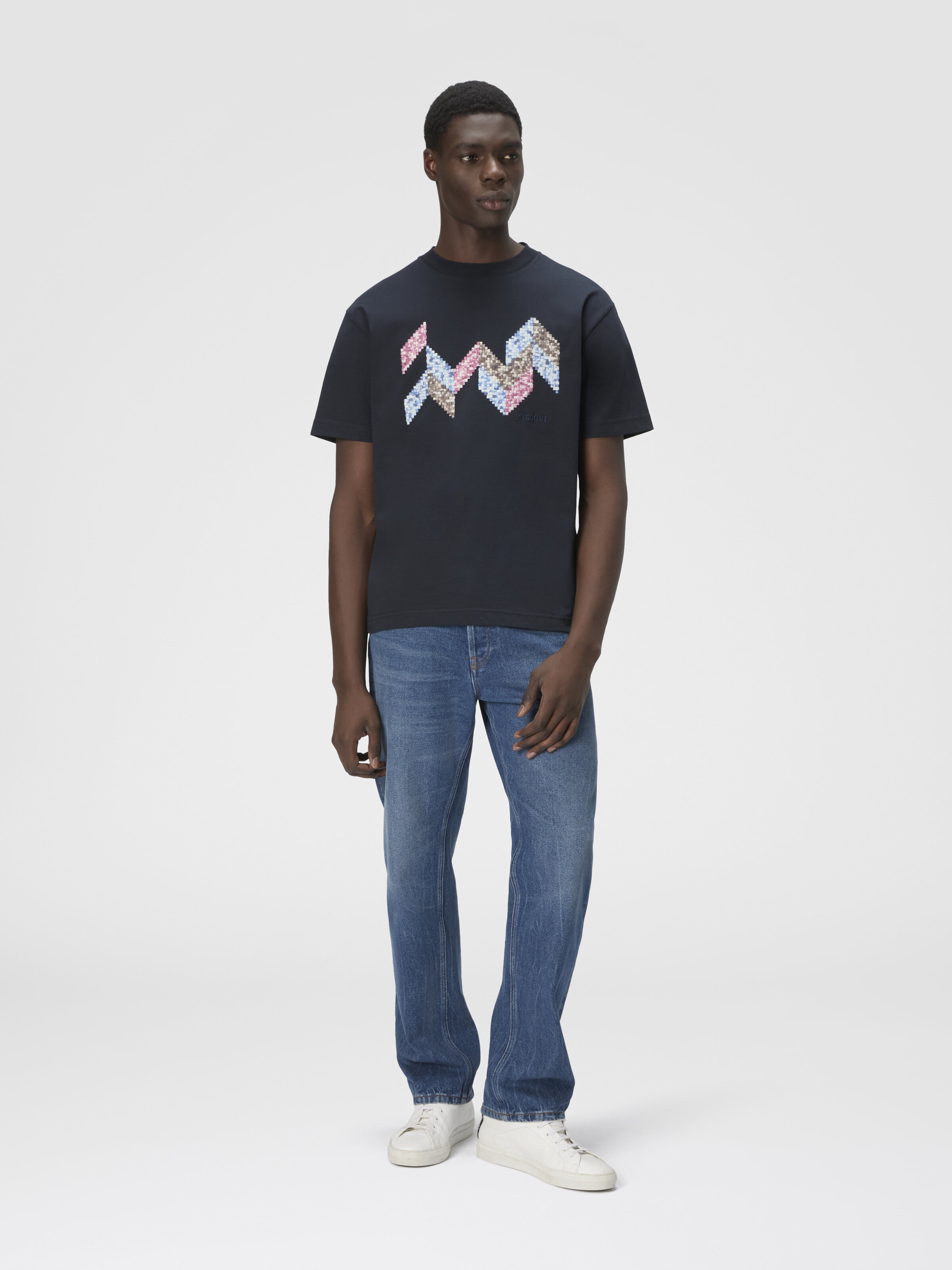 Short Sleeve T-Shirt with Flame Zigzag Insert and Logo, Blue - 1