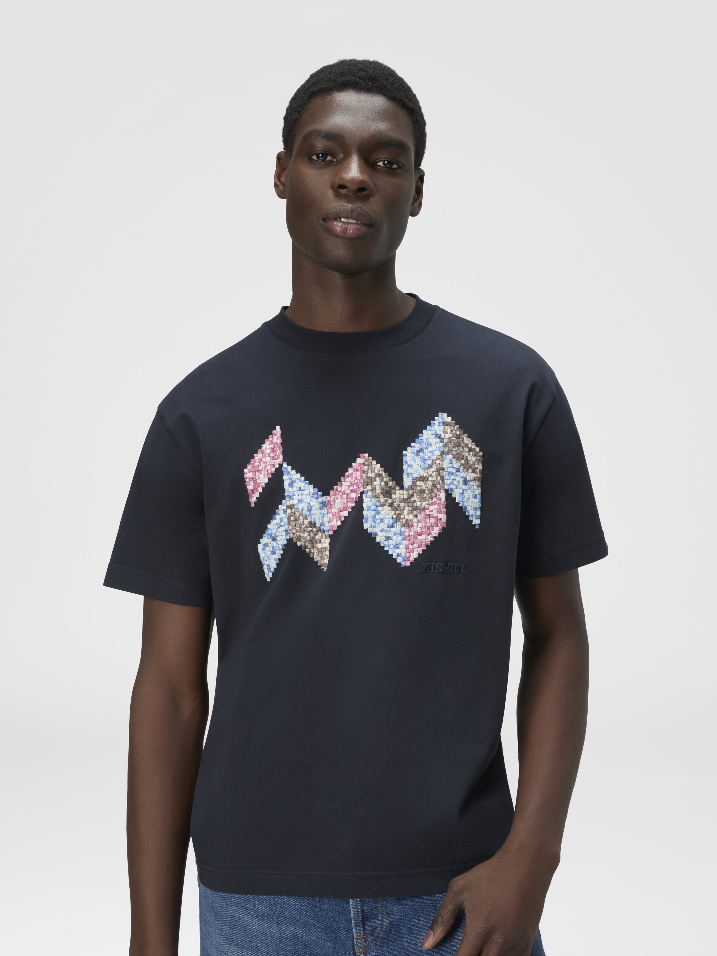Short Sleeve T-Shirt with Flame Zigzag Insert and Logo, Blue - 3